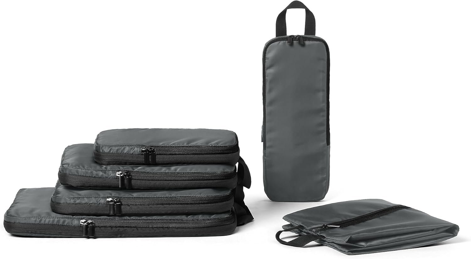 Amazon Essentials 6-Pack Ultralight Compression Packing Cubes, rPET Construction, Space-Saving Organizer with Zippers, Grey