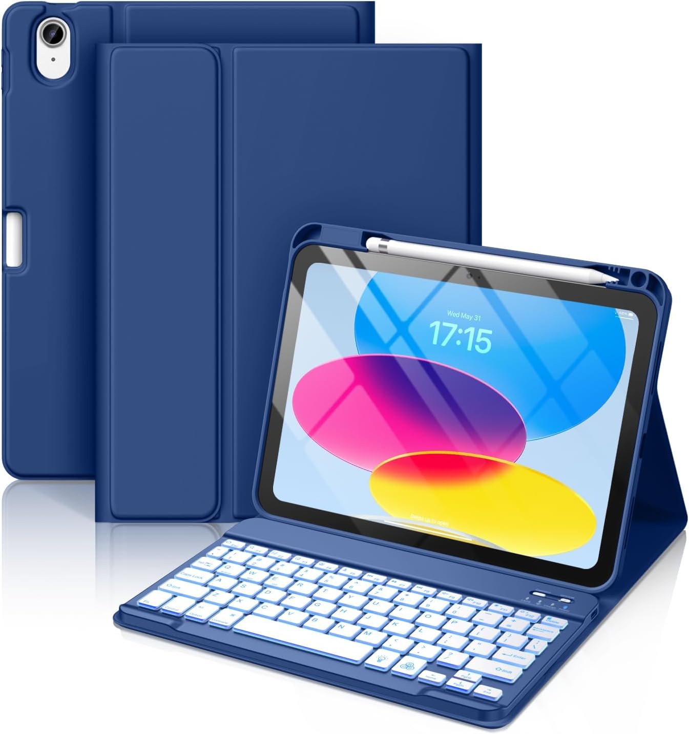 Hamile for iPad 11th 10th Generation Case with Keyboard – 7 Colors Backlit Wireless Detachable Folio Keyboard Cover with Pencil Holder for iPad A16 11-inch 2025 10th Gen 10.9 Inch 2022 (Navy Blue)