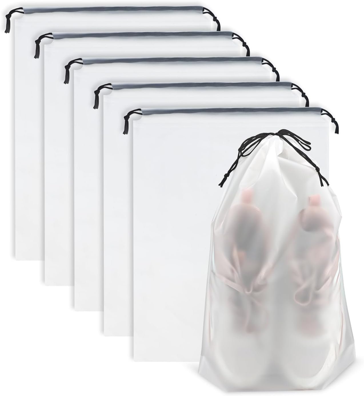 Clear Travel Shoe Bags 5-Pack (15.7×11.8 Inches) – Waterproof Drawstring Shoe Organizers for Packing, Essential Travel Gear for Men & Women