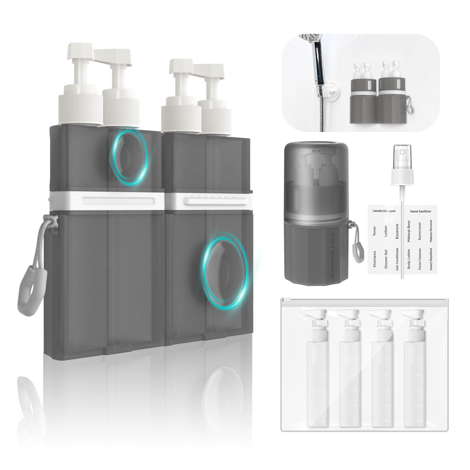 YOTIME 4 in 1 Travel Dispenser Bottle, Vacuum Silicone Suction Cup for Smooth Walls, TSA Approved Leak Proof Travel Size Containers for Hotel, Swimming, Gym, Camping, Gray