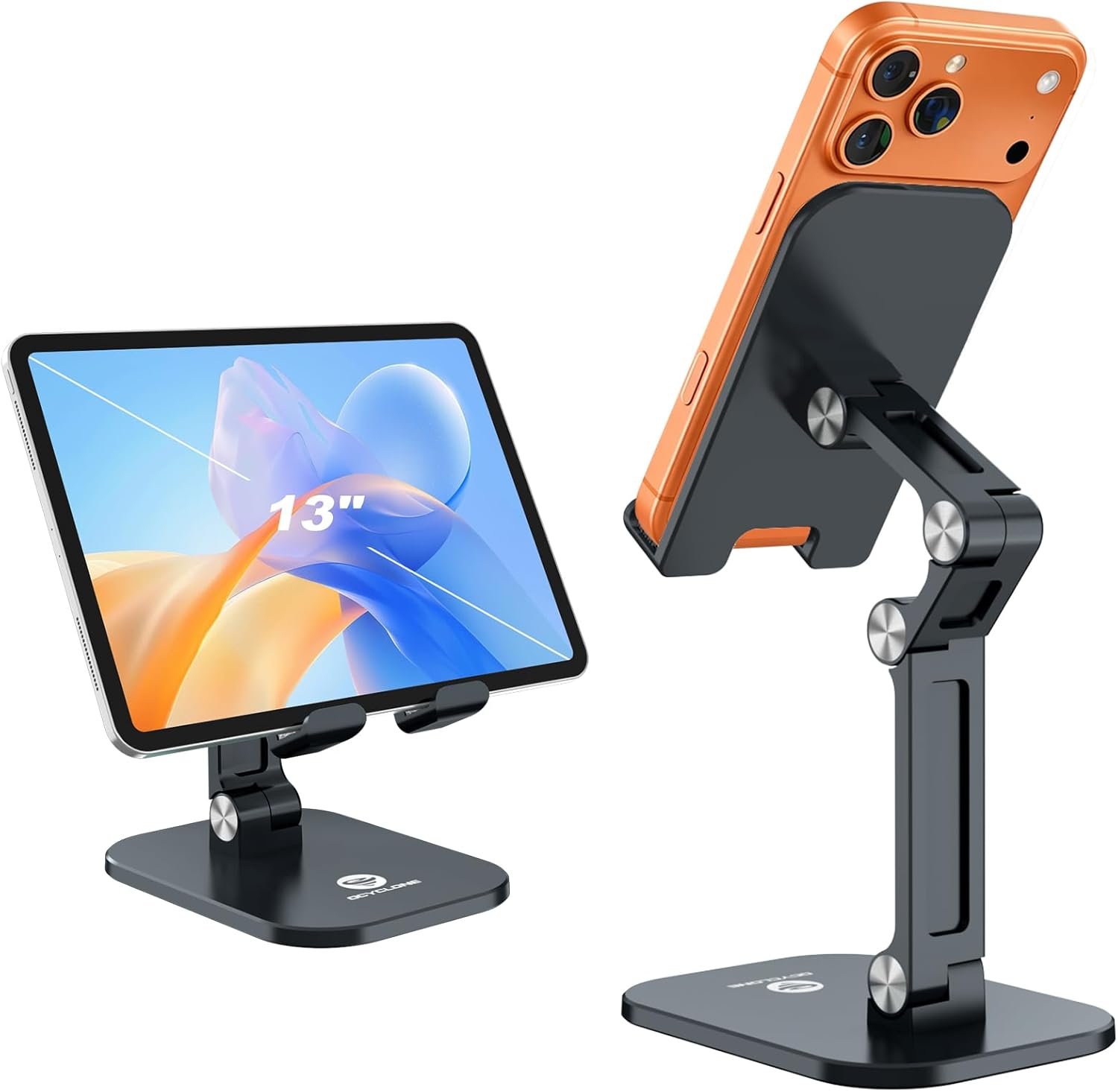 OCYCLONE Phone Stand, Foldable Cell Phone Stand Holder for Desk Office Accessories Adjustable Height and Angle iPhone Stand Compatible with 4″-13″ Phones iPad Tablet – Black