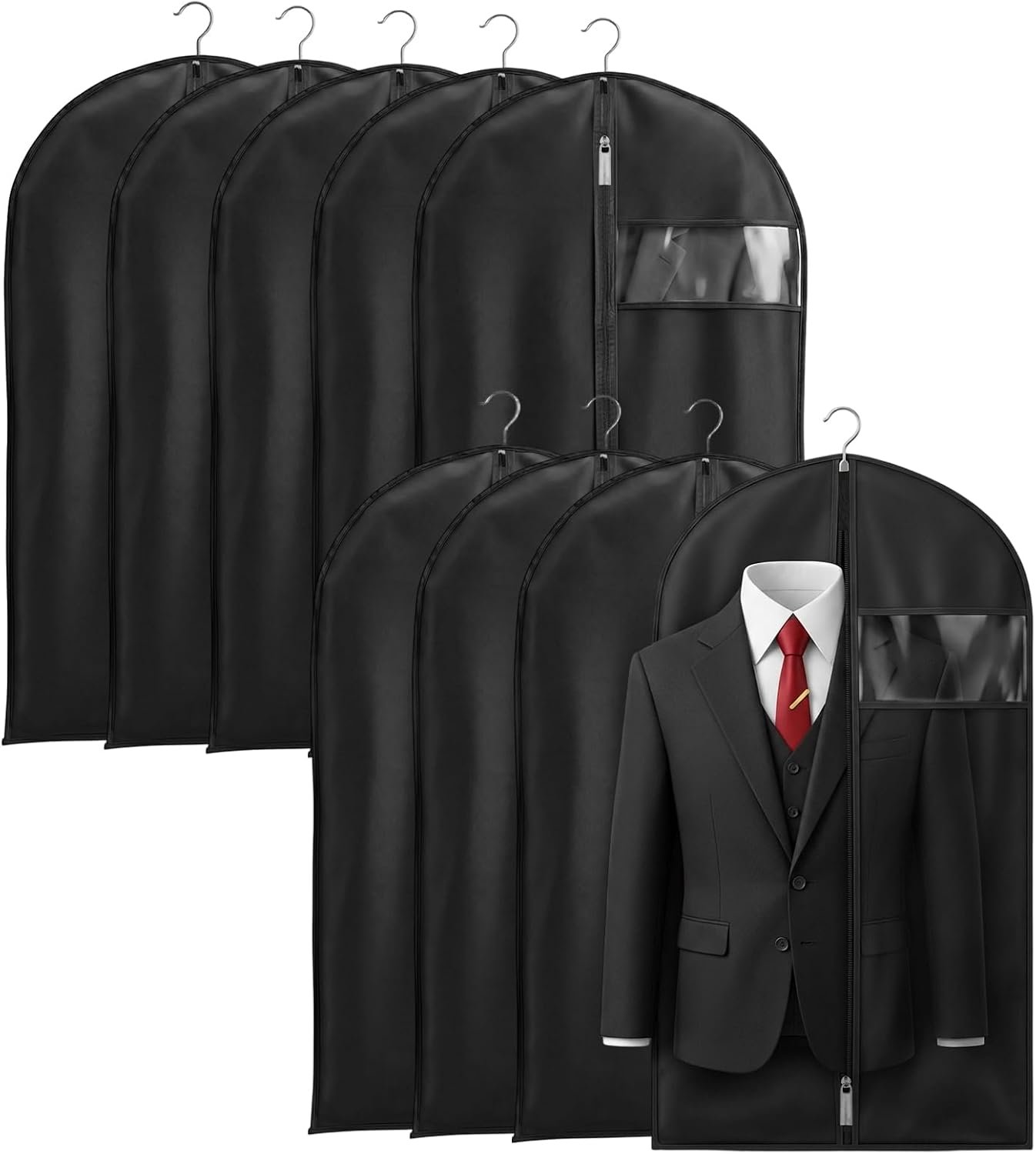 9 Pack Suit Bag Garment Bags for Hanging Clothes Black PEVA Suit Cover Bags with Clear Window for Travel Storage Suits Jackets T Shirts, 40.6 x 23.4 Inch