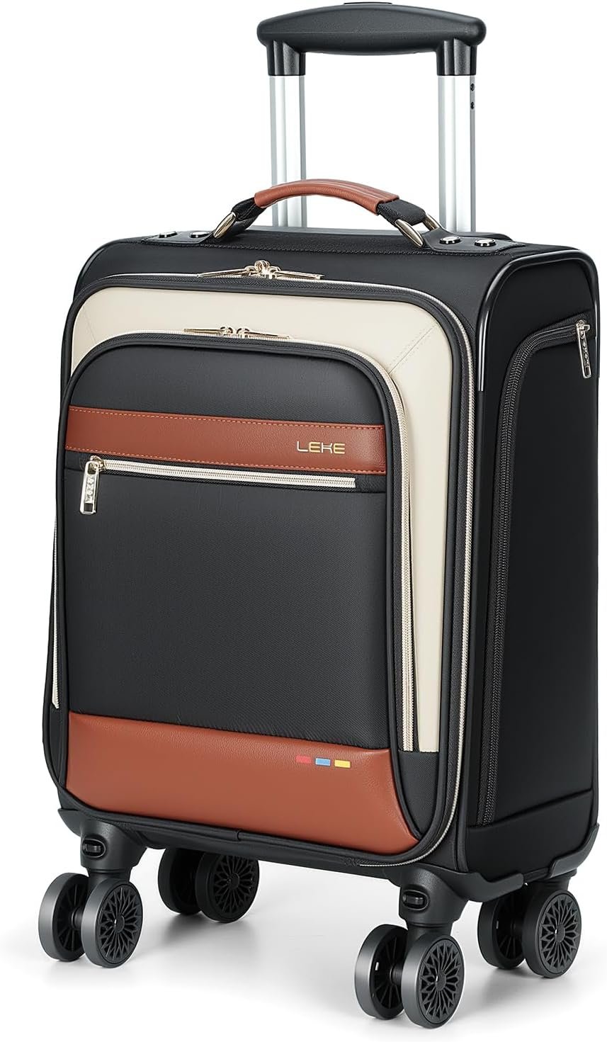Underseat Carry On Luggage with Wheels, 16 Inch Spinner Small Suitcase, Softside Lightweight Carry On Suitcases Personal Item Bag with Pocket, Travel Luggage for Men Women Business Brown