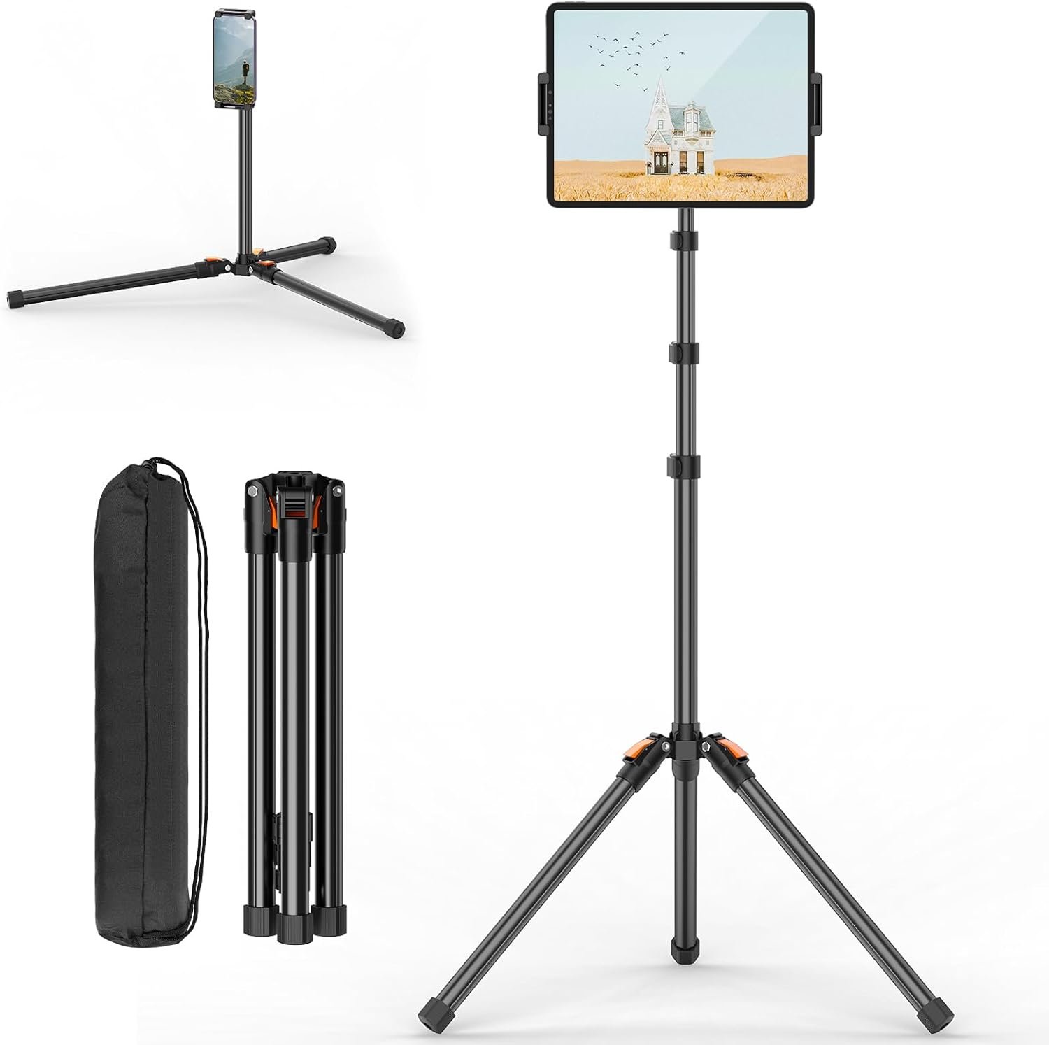 XXZU 72in Tablet Floor Stand Tripod,Tablet Stand Floor with 360° Ball Head,Height Adjustable Floor Stand Holder with Case,Sheet Music Stand for iPad/iPhone/Kindle and All 4.7-13” Devices