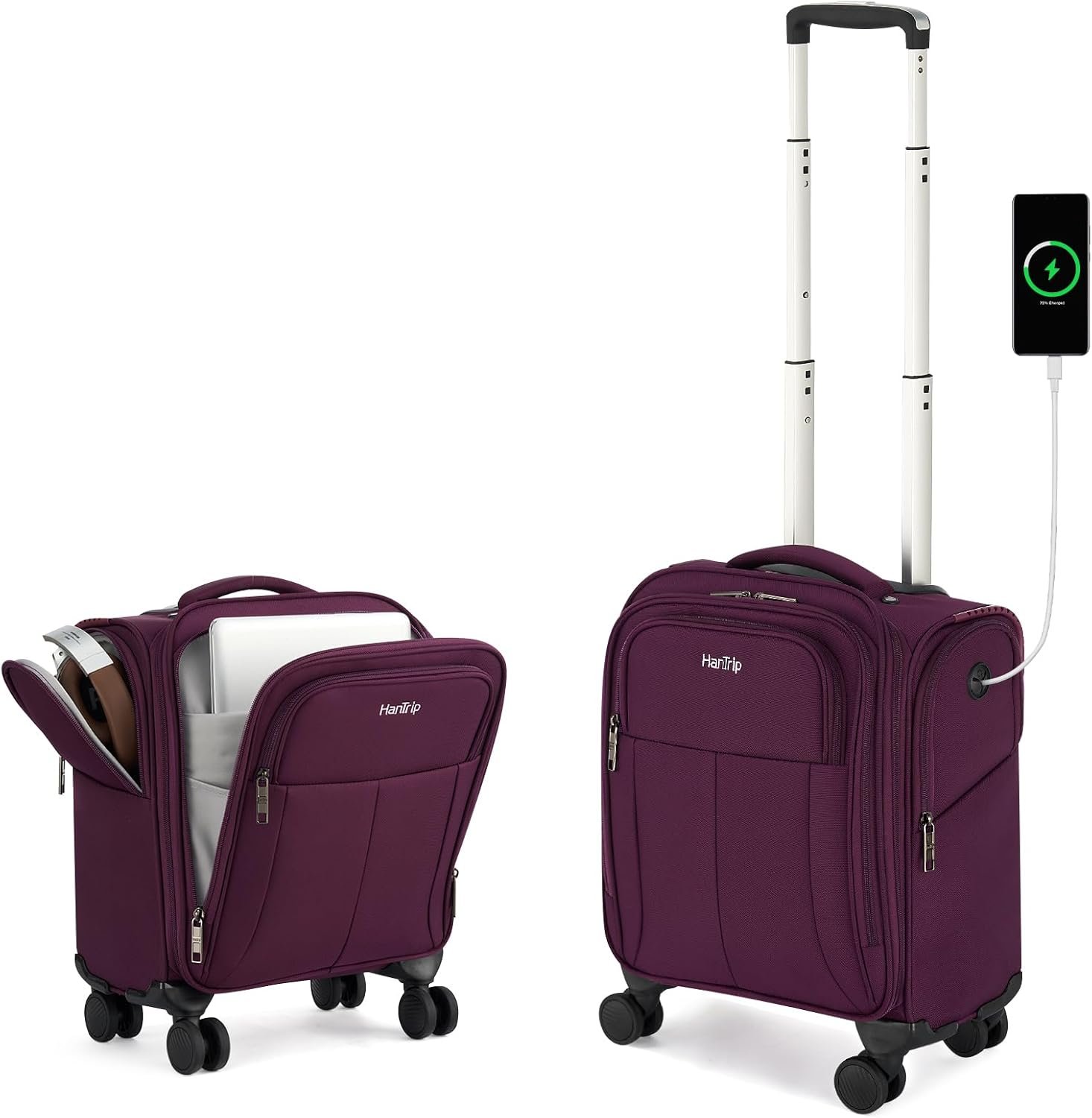 HanTrip 16 Inch Underseat Carry On Luggage with Wheels Softside Small Suitcases Personal Item Bag with Pocket Travel Luggage for Men Women Business Overnight Bag(Purple)