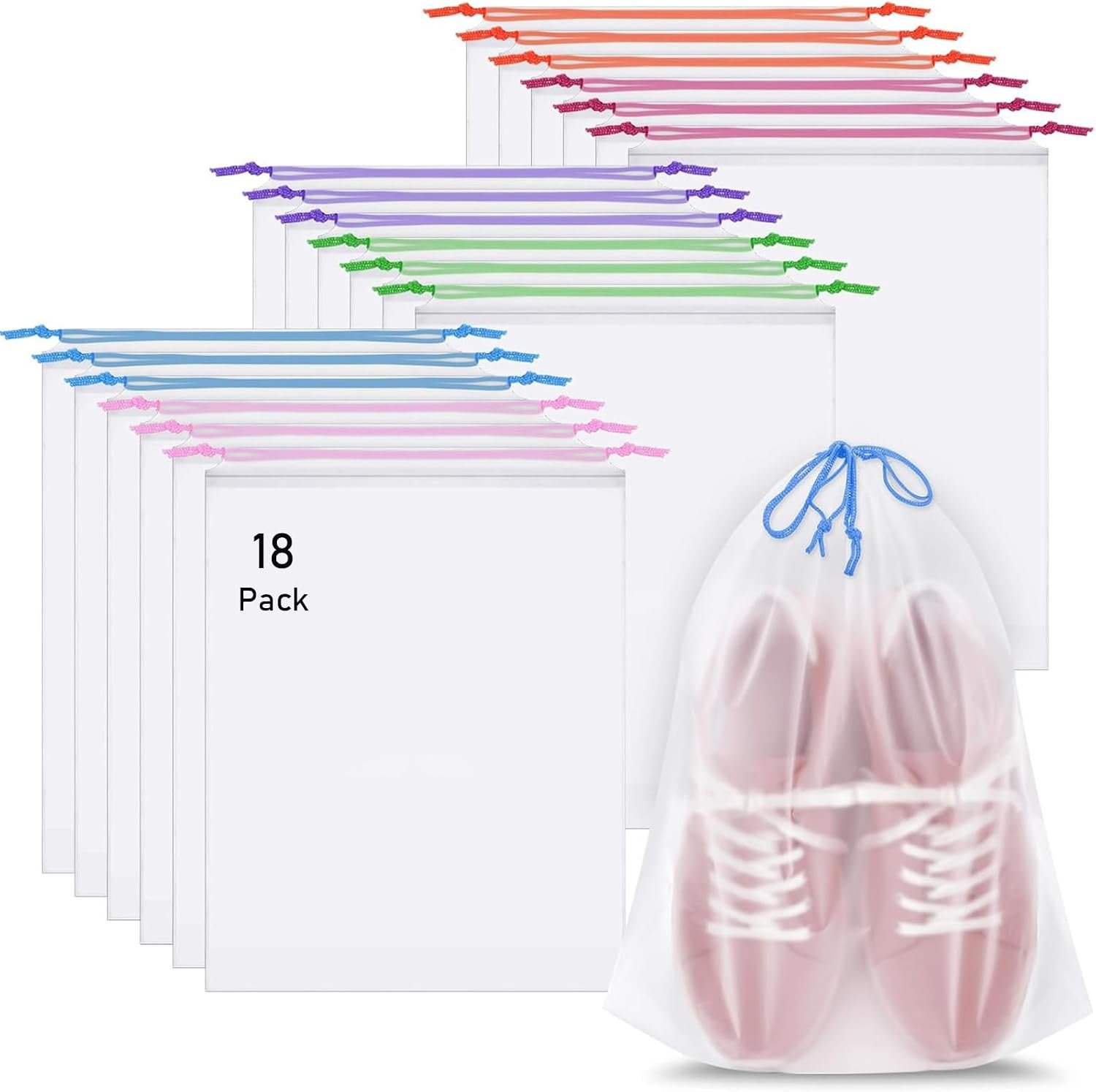 18 Pack Shoe Bags for Travel, 15.7″ x 11.8″ Clear Travel Shoe Bags for Packing with Colorful Drawstring, Large Waterproof Portable Travel Shoe Storage Bag Travel Essentials Women for and Men