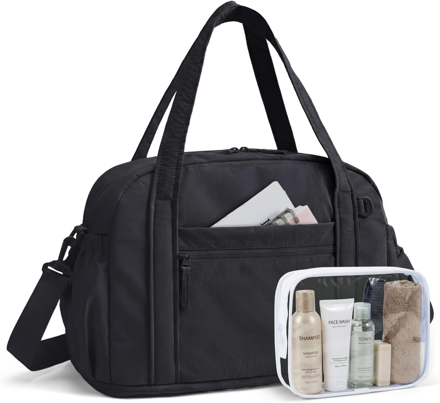 BAGSMART Expandable Personal Item Travel Bag, Lightweight Gym Bag for Women, 24L Weekender Travel Duffle with Toiletry Bag, Carry on Overnight Duffel, Black
