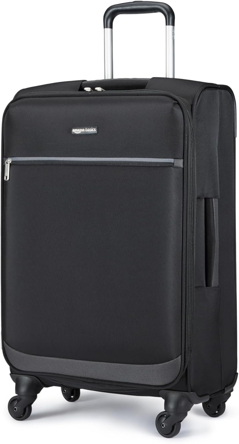 Amazon Basics 23″ Medium Checked Softside Luggage Suitcase with Spinner Wheels, Expandable Space, Zippered Pockets, Telescopic Handle, Black