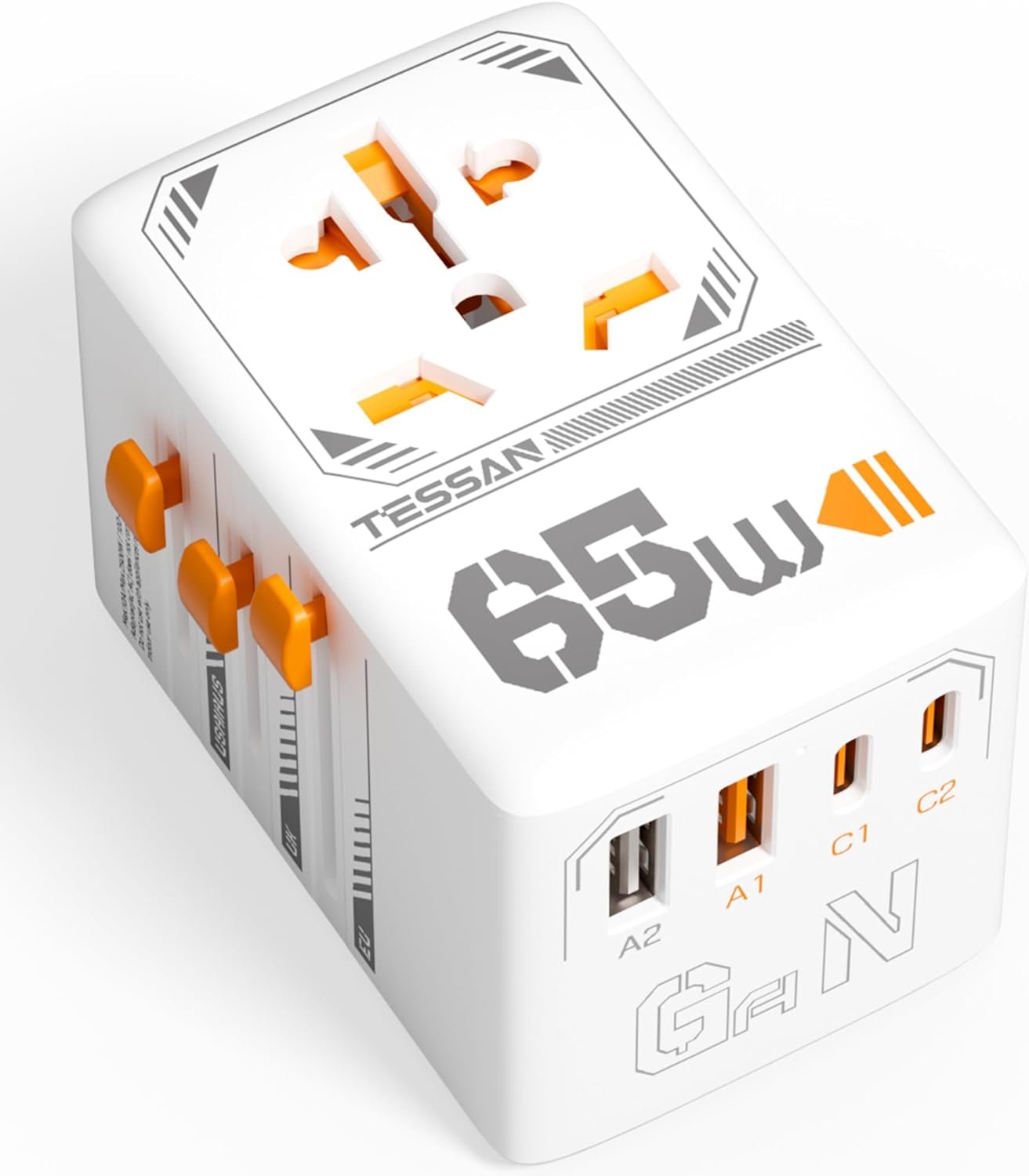 TESSAN Universal Travel Adapter, 65W GaN International Plug Adaptor with 4 USB(2 USB C) Charging Ports, Worldwide Power Outlet for US to European EU UK AUS Ireland(Type C/G/A/I)