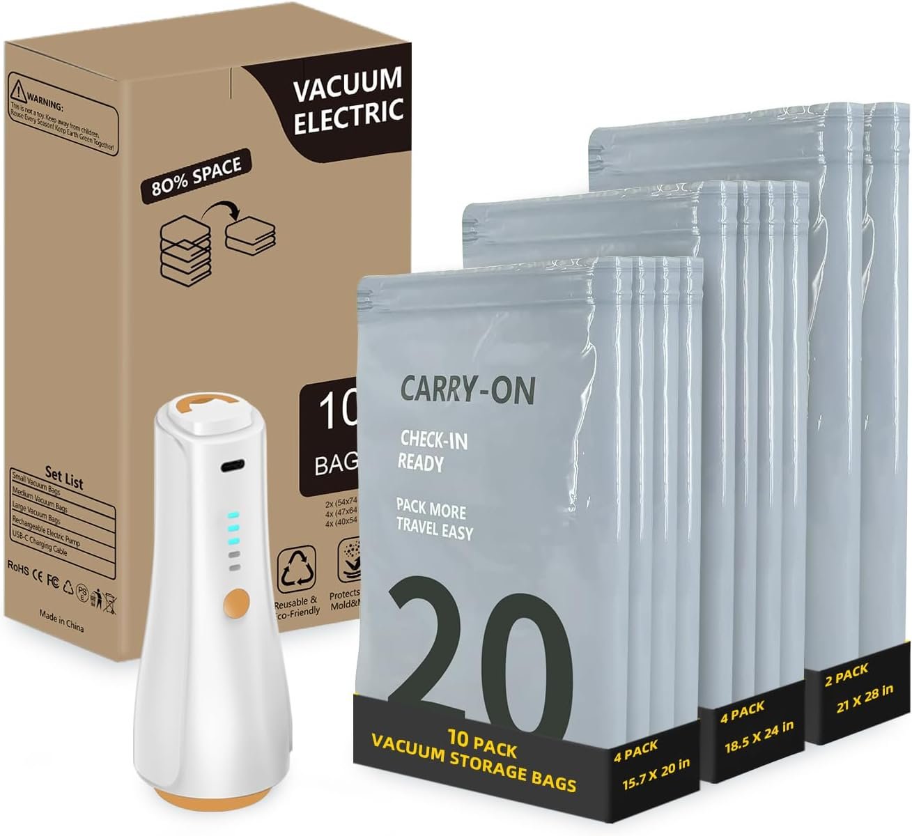 10Pack Travel Vacuum Storage Bags with Rechargeable Wireless Electric Pump-5300Pa, 3 Sizes Space Saver Seal Bags for (24/28/30”) Luggage Suitcase, Carry-on Size for Clothes Travel Essentials Luggage