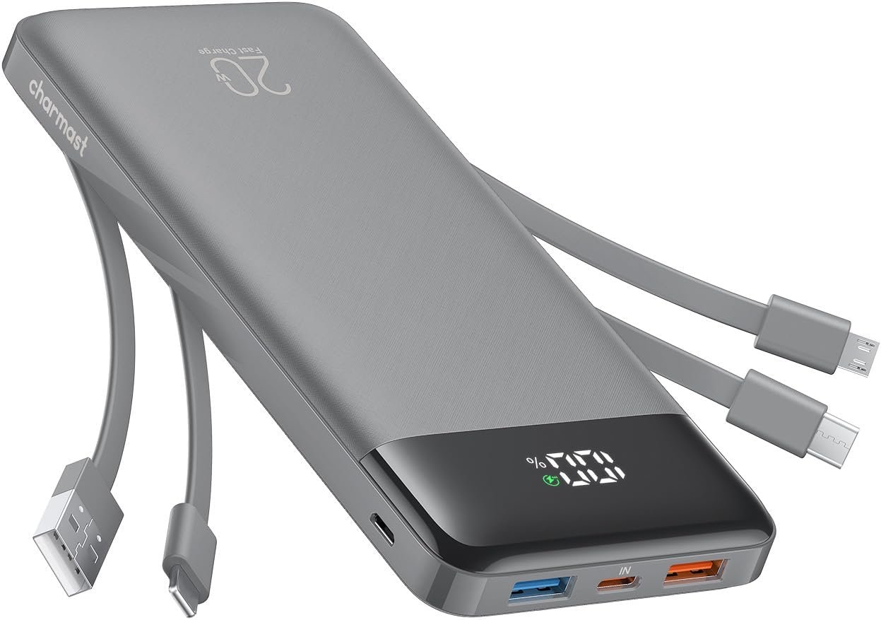 charmast 20000mAh Portable Charger with Built in Cables, 22.5W Travel Power Bank Fast Charging, USB C Cell Phone Battery Pack for iPhone 17/16/15/14/13/12 Series, iPad, Samsung, Android, Tablet