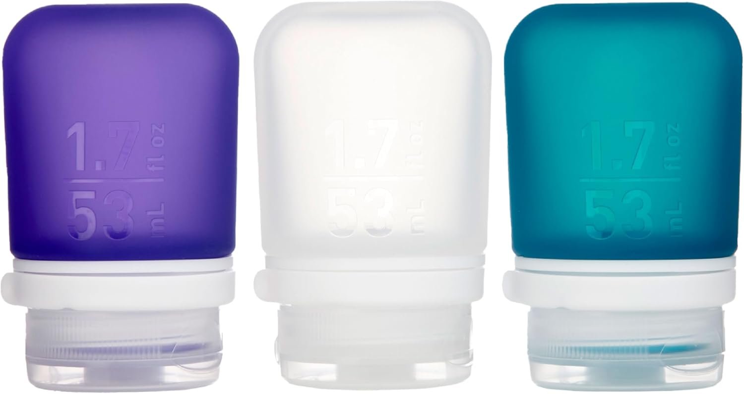 humangear GoToob+ Bottles – Silicone Leak-Proof Travel Tubes for Toiletries, Camping & TSA Carry-On (3-Pack), Small (1.7 fl oz; 53ml), Clear/Purple/Teal