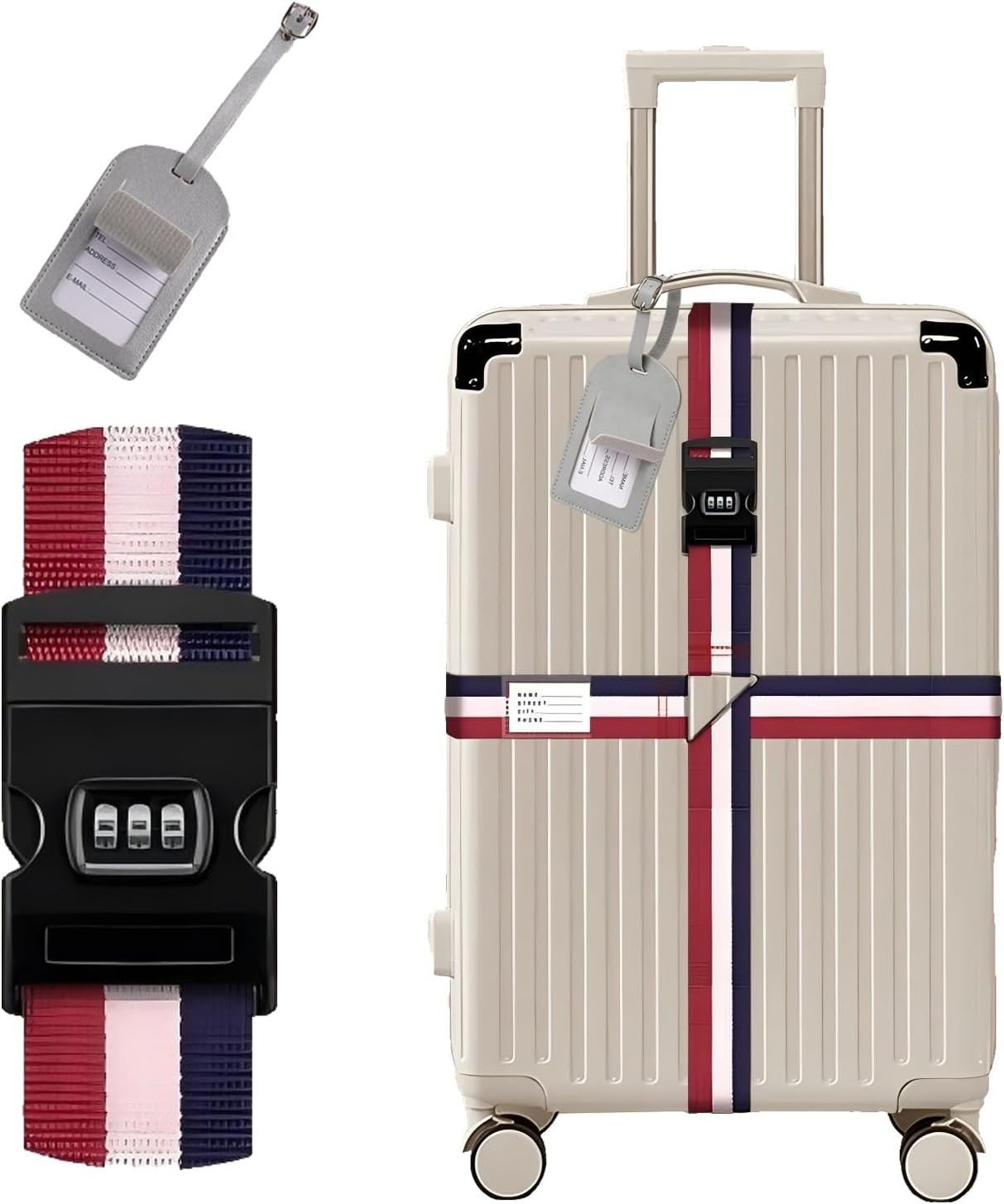 Luggage Straps for Suitcases,Travel Luggage Straps with Lock and Luggage Tags,Suitcase Strap,Adjustable Colorful Travel Belt for Travel Suitcase Bag Closure Accessories.(Red White Blue)