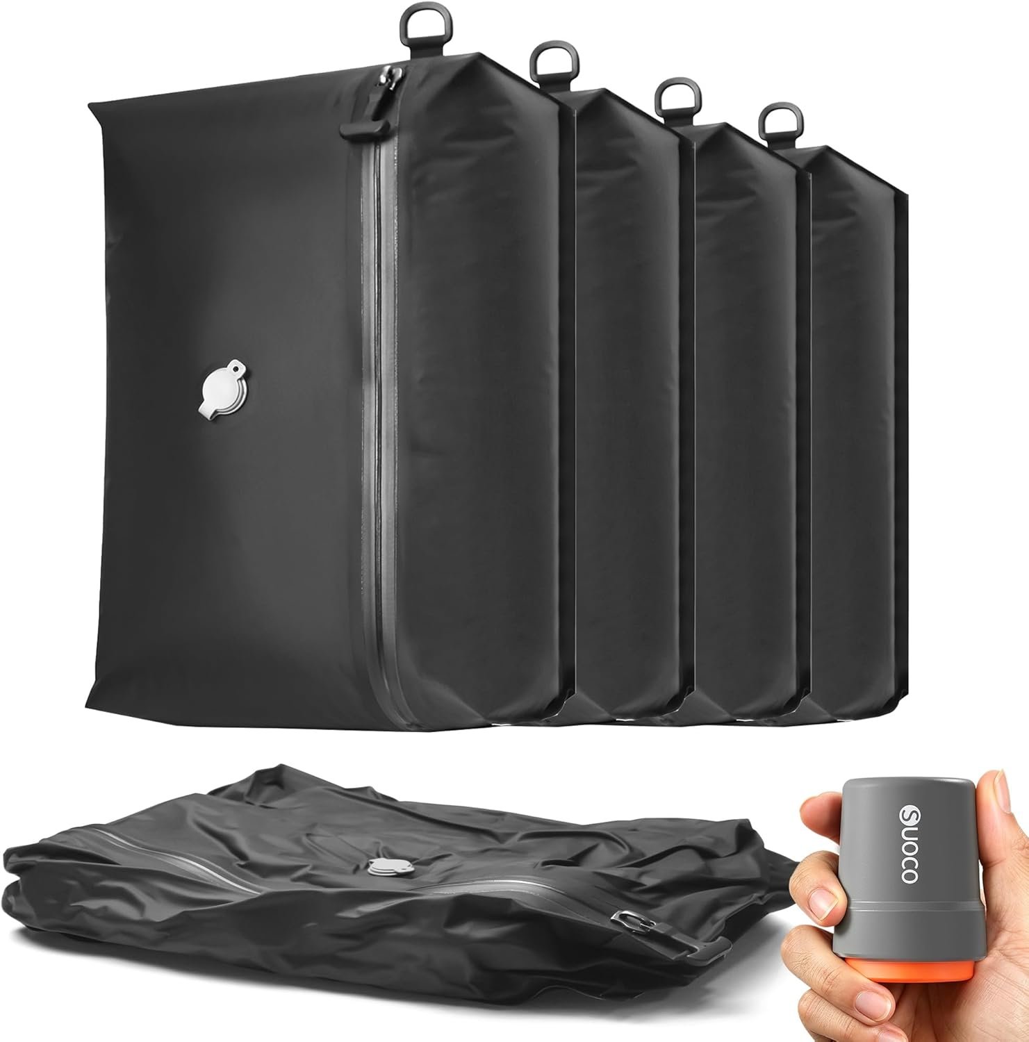 SUOCO Travel Pack Vacuum Kit, Vacuum Seal Bags for Clothing Travel with Cordless Pump, Carry-on Size Compression Packing Cubes for Luggage Suitcase Backpack, 4 Small