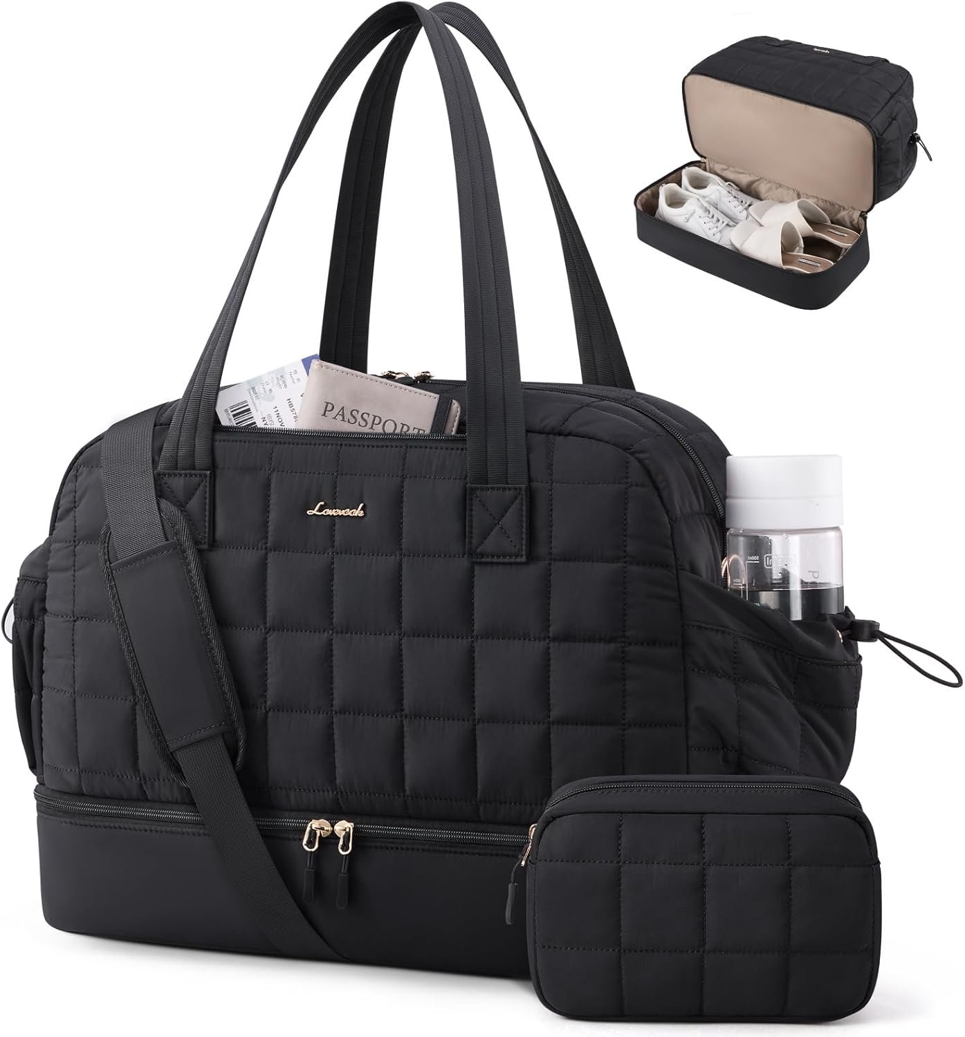 LOVEVOOK Large Travel Duffle Bag, Women’s Weekender & Overnight Bag with Shoe Compartment, Airplane Carry On, Machine Washable, Lightweight, Utility Style, Black