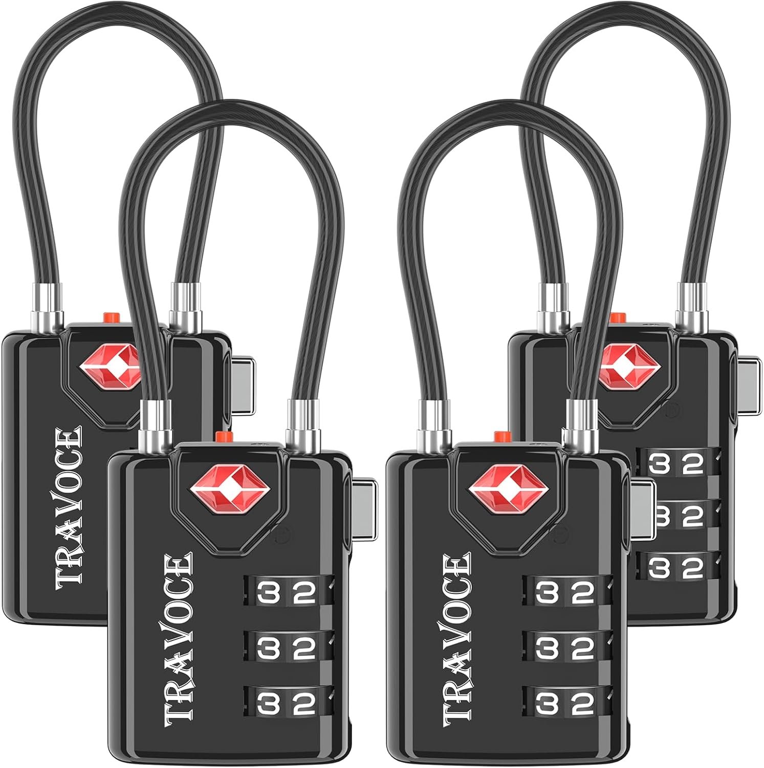 TRAVOCE TSA Approved Luggage Locks – Heavy Duty 3 Digit Combination Cable Lock, Search Alert for Suitcases, Backpacks, Golf Bags, Tents, Violin and Camera Cases, 4 Pack, Black