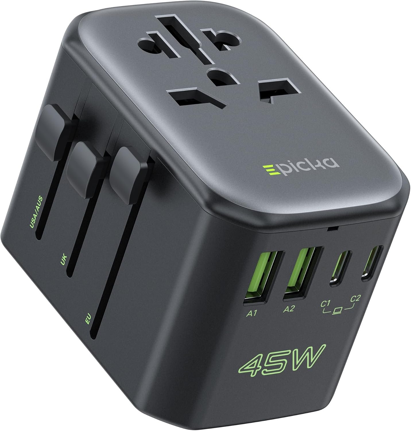 EPICKA Pulse 45W International Power Adapter, Universal Travel Adapter with PD Fast Charging, 5-Port (1 AC/2 USB-A/2 USB-C) European Travel Plug Adapter, Travel Essentials (Black)