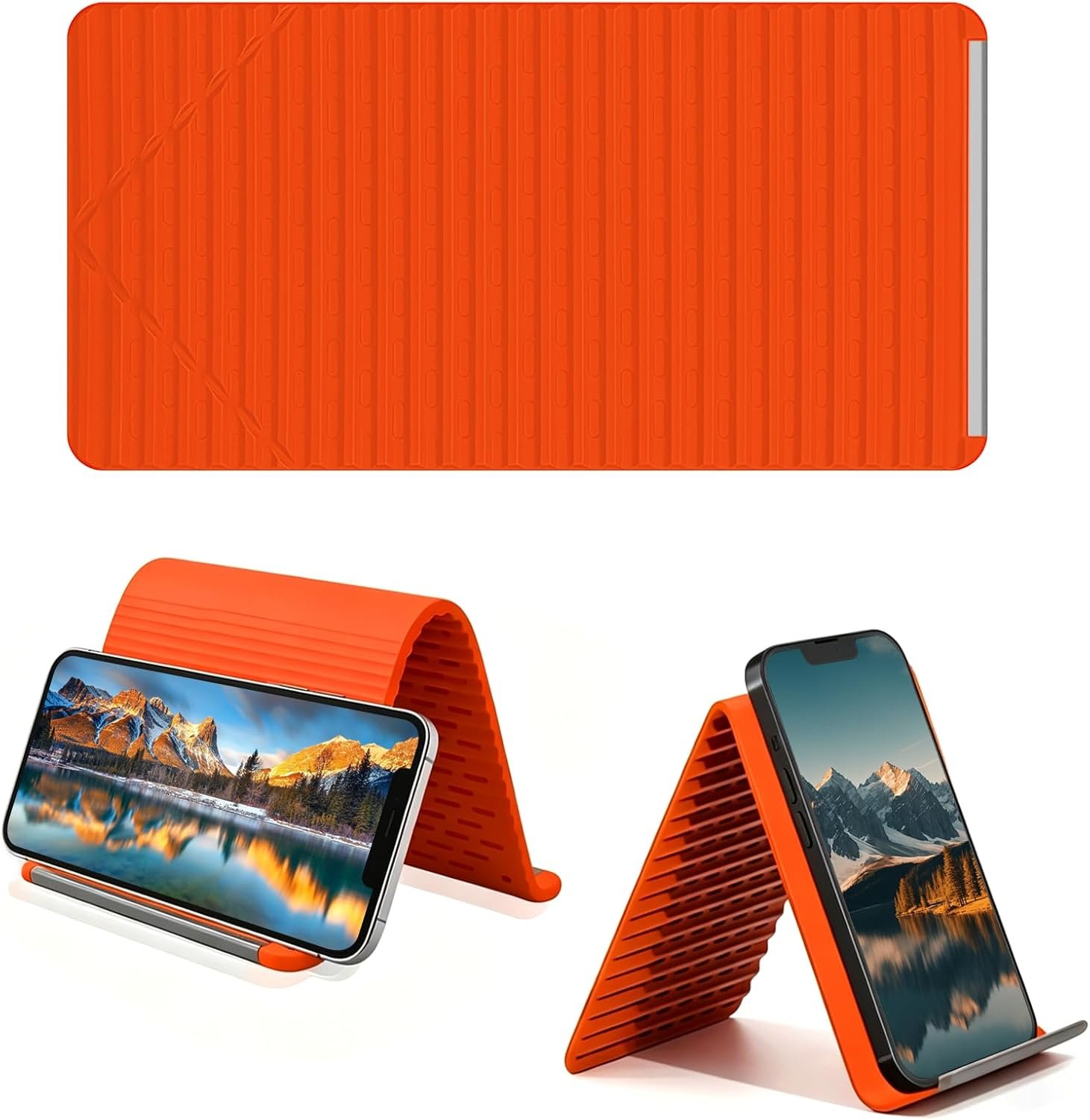 Foldable Silicone Aluminum Holder, Flexible Silicone Phone Stand with Anti-Slip Pad, Portable Rollable Multi-Angle Stand for Phone Tablet Laptop – Bendable & Foldable Home, Office, Travel (1, Orange)