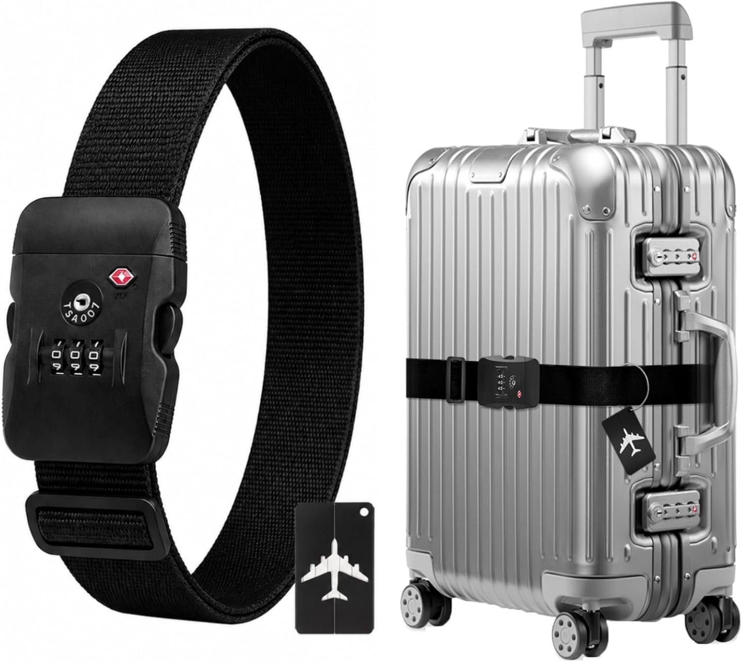 BILIONE Luggage Straps for Suitcases TSA Approved, Heavy Duty Travel Belt with Combination Lock and Tag, Adjustable Luggage Identifiers Band (Black)