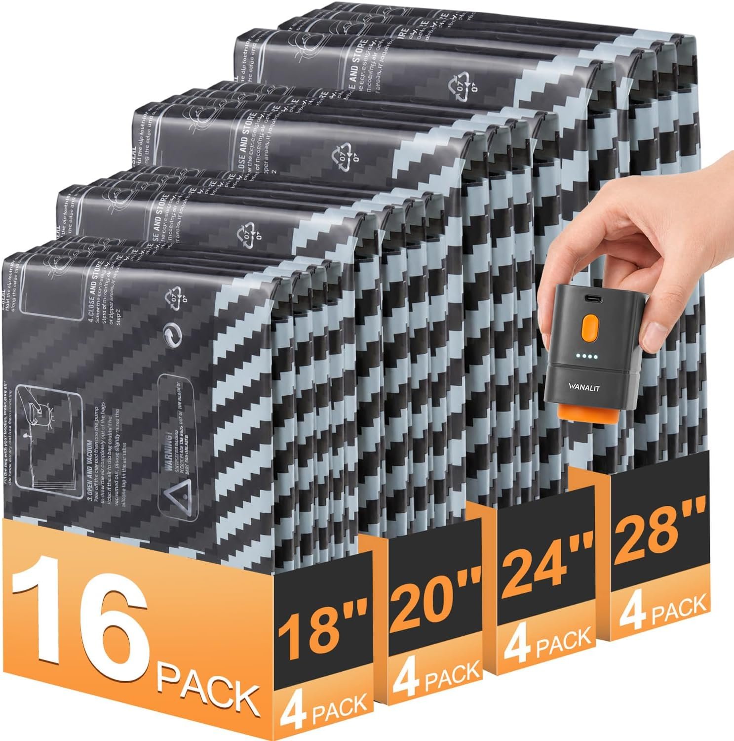 Vacuum Storage Bags for Travel with Rechargeable Pump, Carry on Size Compression Packing Bags for Luggage and Suitcase, Space Saver Vacuum Seal Bags for Clothing and Clothes, 16 Combo, 4 Travel Sizes
