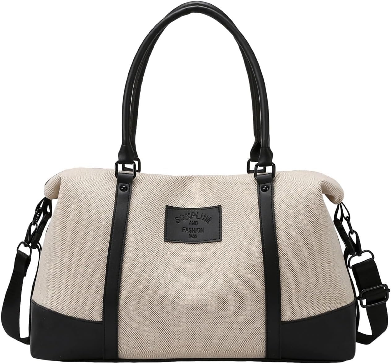 Travel Duffle Bag for Women, Canvas Carry On Weekender Overnight Bags with Wet Pocket, Gym Tote Bag for Business Trip Sports (Beige Black)