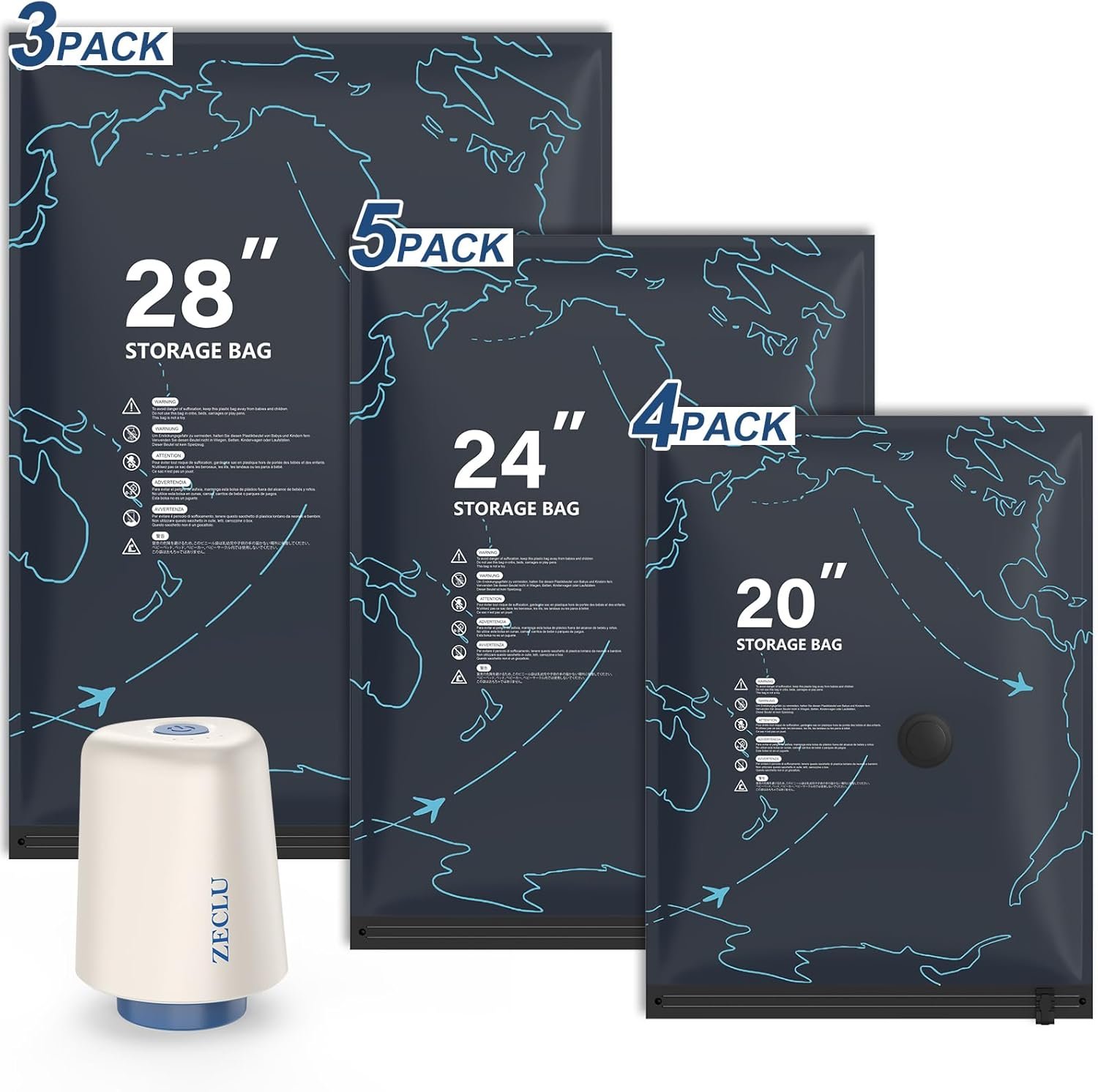 12 Pack Travel Vacuum Bags with Rechargeable USB-C Pump, Compression Space Saver Bags for Luggage & Suitcase, Pack More Clothing for Flight & Cruise Essentials (3 Sizes S/M/L)