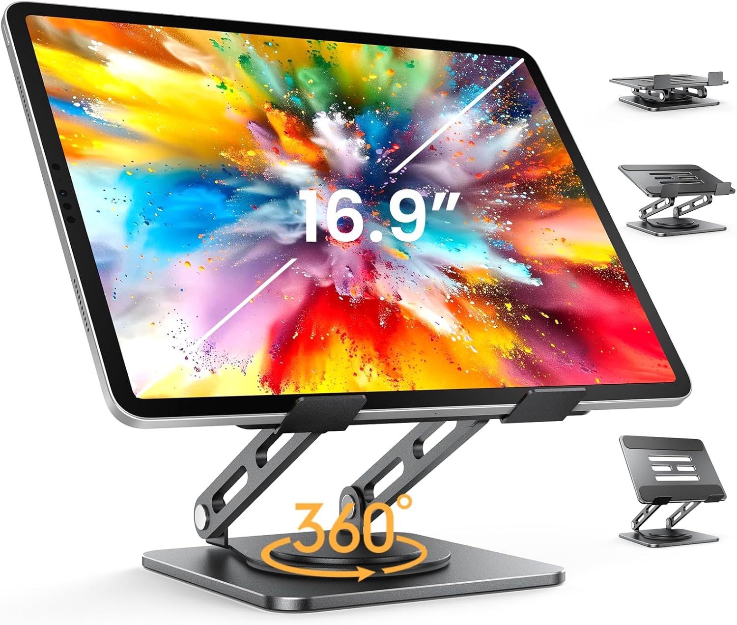LOXP Adjustable Tablet Stand, 360 Rotating iPad Stand with Heavy-Duty Base, Tablet Holder Compatible with 4.7-16.9″ Device, iPad Pro Air Mini, Kindle, Surface Tablet, Portable Monitors – Black