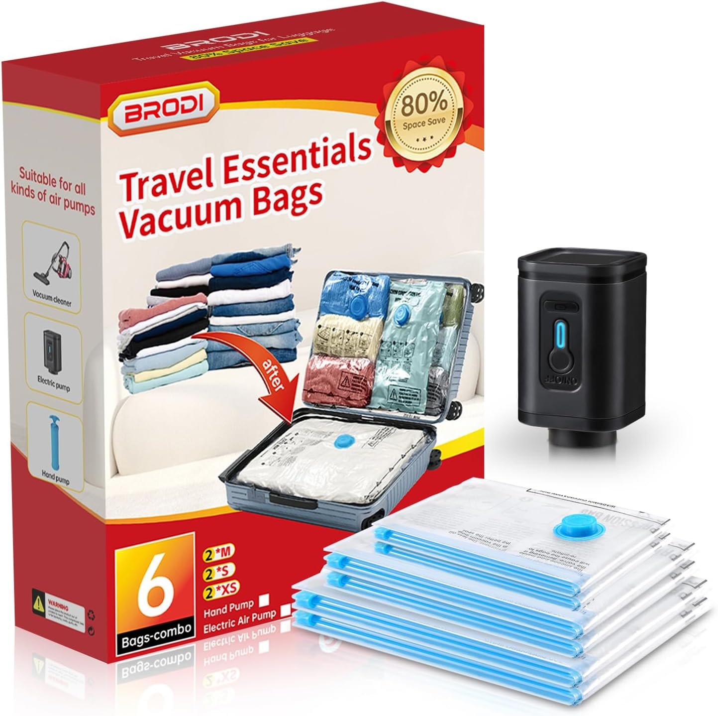 BRODI 6 Combo Pack Travel Vacuum Bags with Pump – Space Saver & Travel Essentials, Clothing & Luggage Vacuum Seal Bags