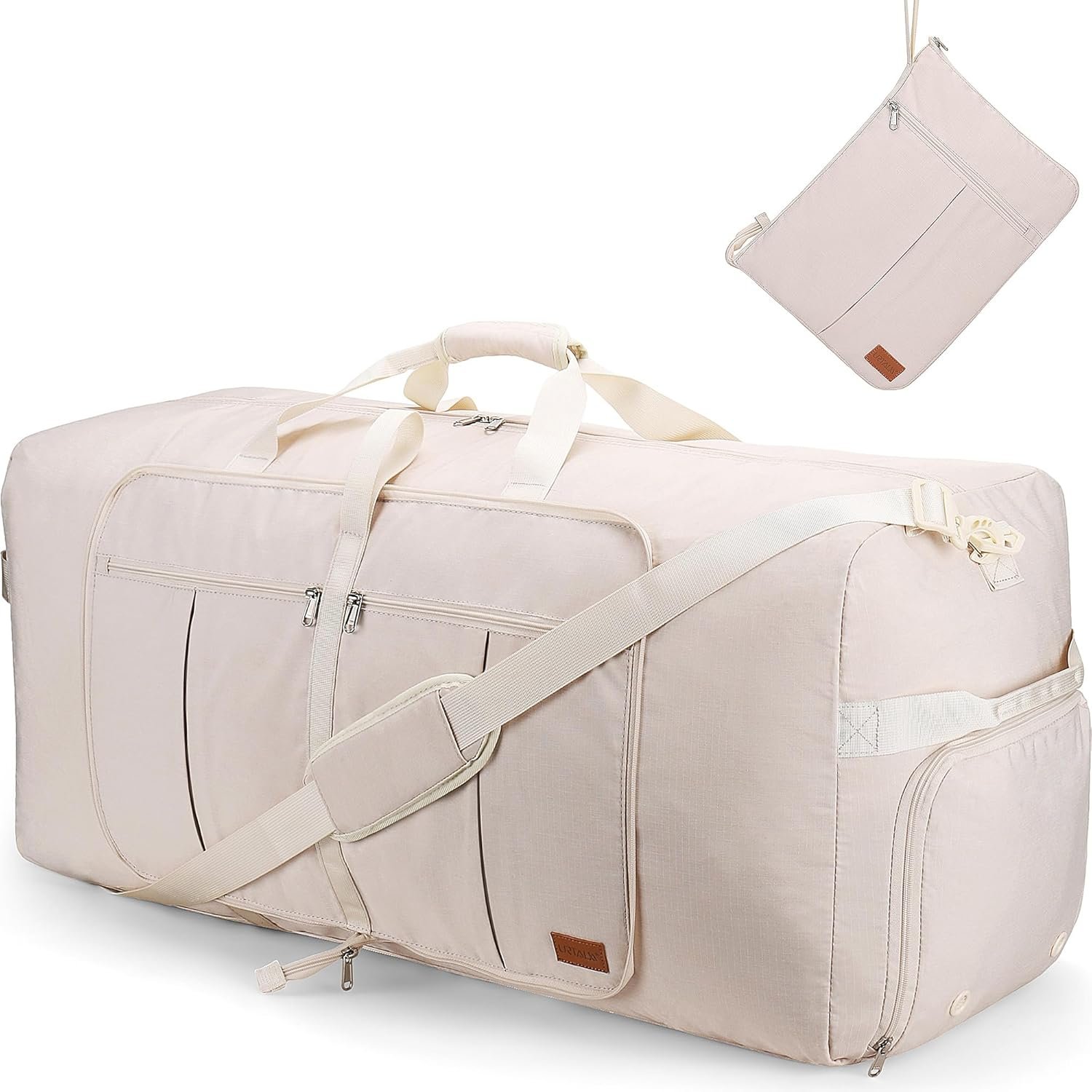 80L Large Duffle Bag for Travel, 26′ Travel Duffel with Shoe Compartment, Foldable Collapsible Overnight Gym Weekender Bag for Men Women, Waterproof & Tear Resistant (Beige, 80L)