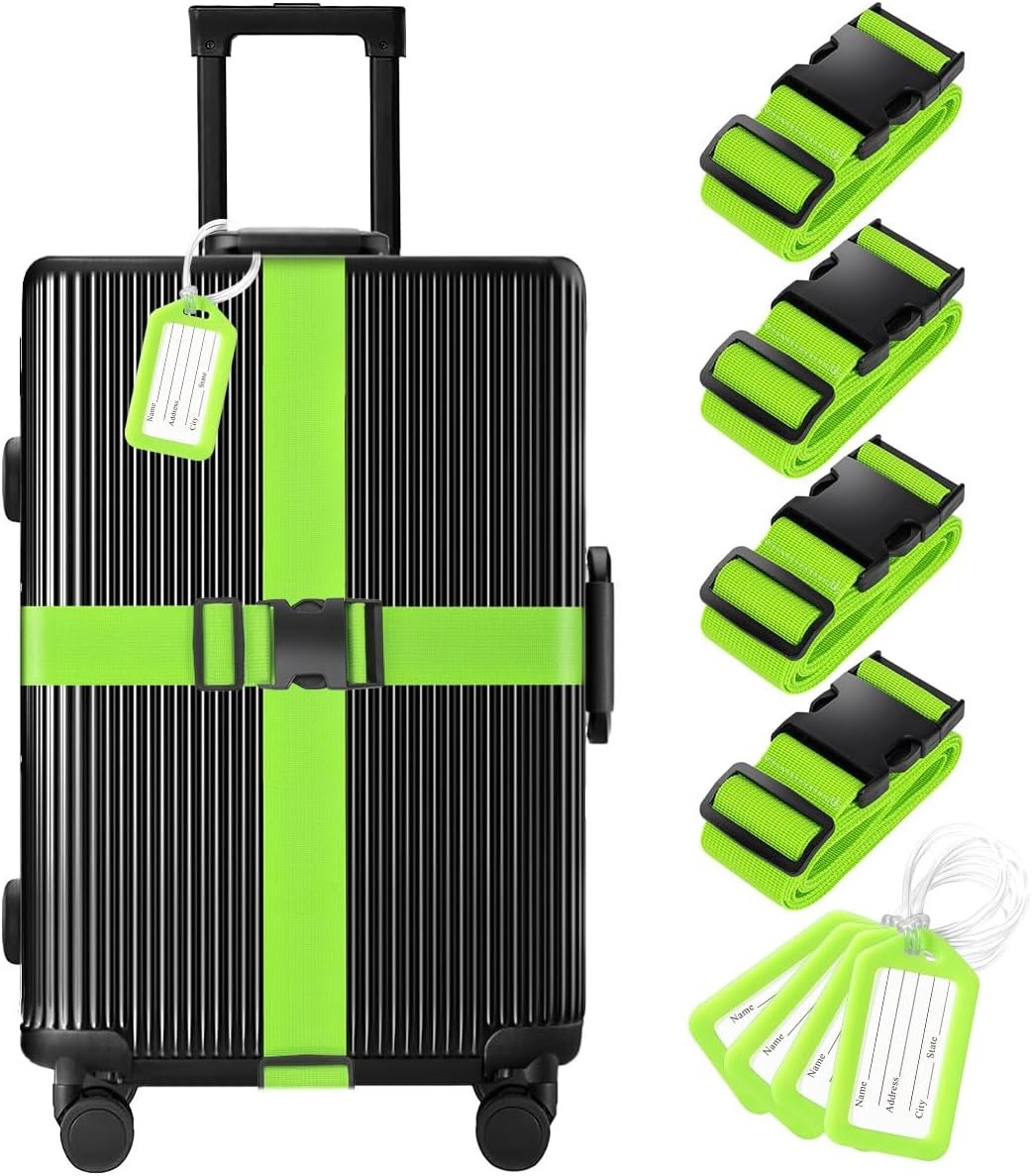 8 Pack Luggage Straps and Tags Set – 4 Straps, 4 Tags, TSA Approved Suitcase Belt, Green