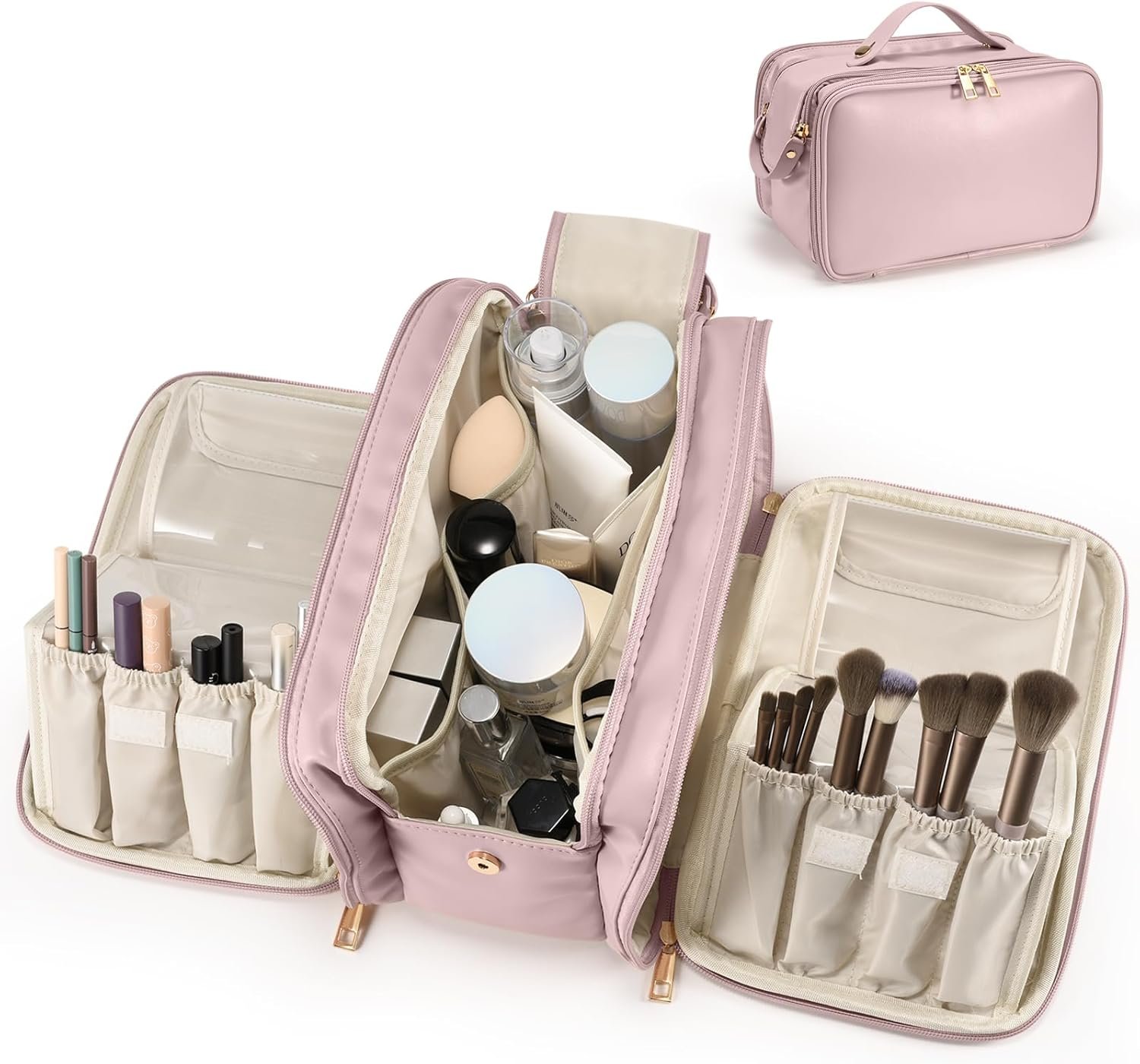 Travel Makeup Bag Women’s Large Capacity Cosmetic Portable Organizer Large Opening Waterproof Storage Toiletry Bags Vertical Free-Standing Brush Holder for Easy Access Pink