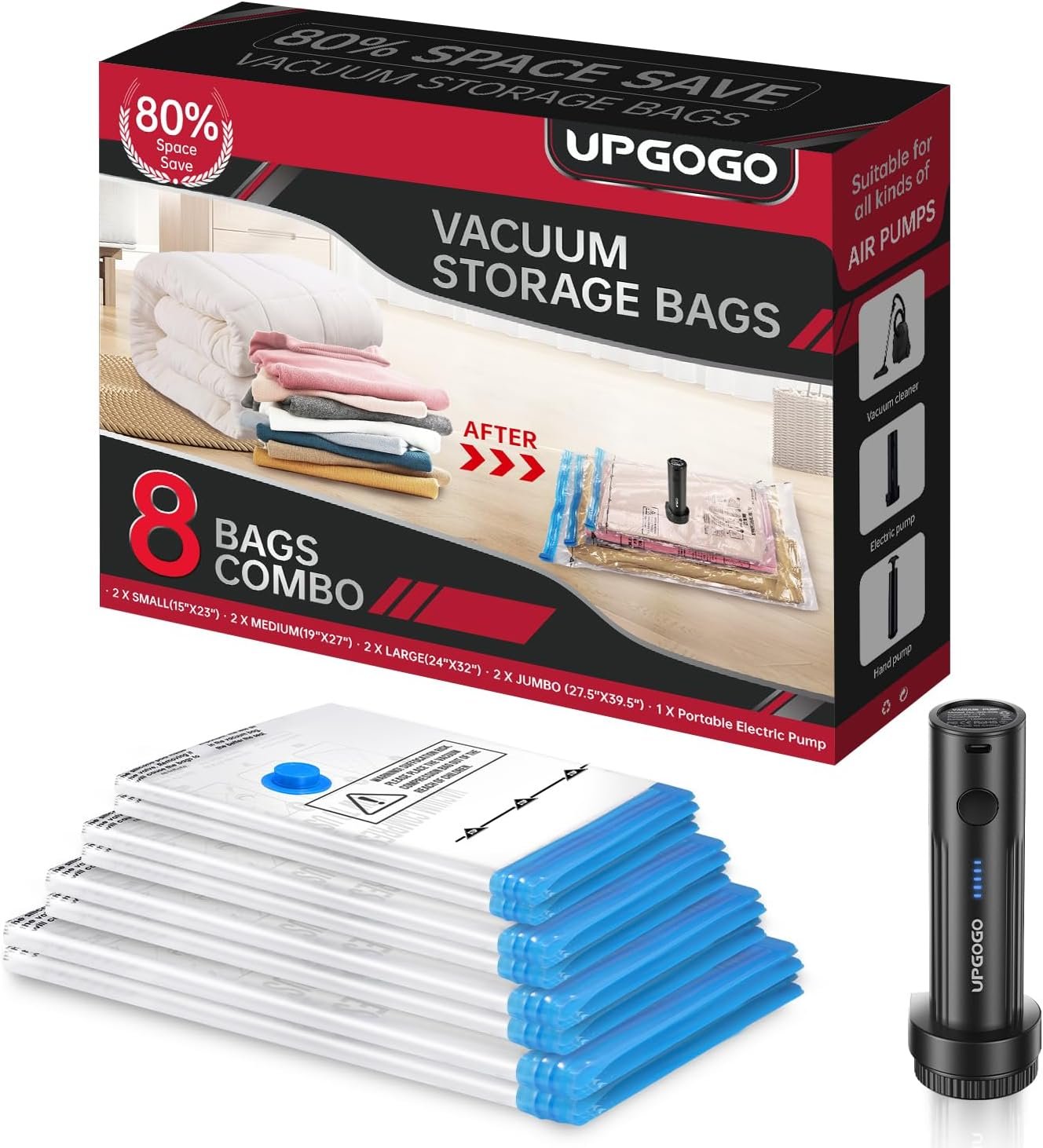 UPGOGO Vacuum Storage Bags with Portable Electric Pump,Vacuum Seal Bags for Clothing,Space Saver Bags,Vacuum Travel Bags for Luggage(Combo 8 Pack)