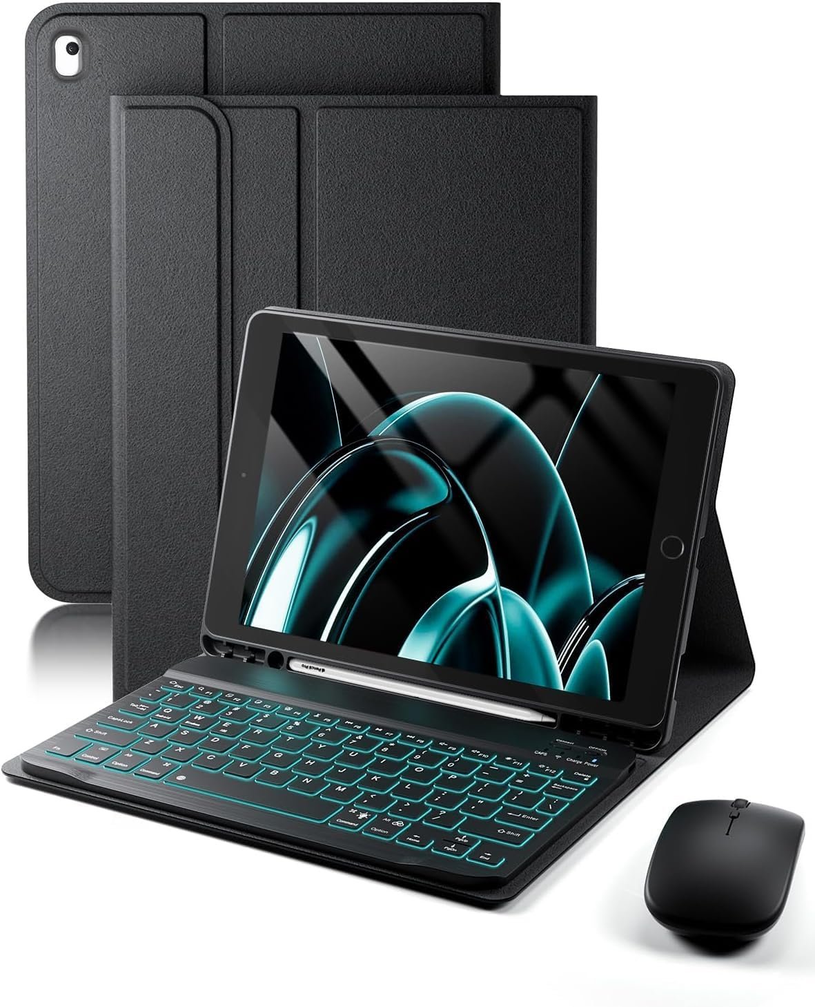 TUNKARMOR for iPad 9th / 8th / 7th Generation 10.2 inch & iPad Air 3rd Gen & iPad Pro 10.5 inch Case with Keyboard 7 Color Backlit – Built in Pencil Holder with Mouse (Black)