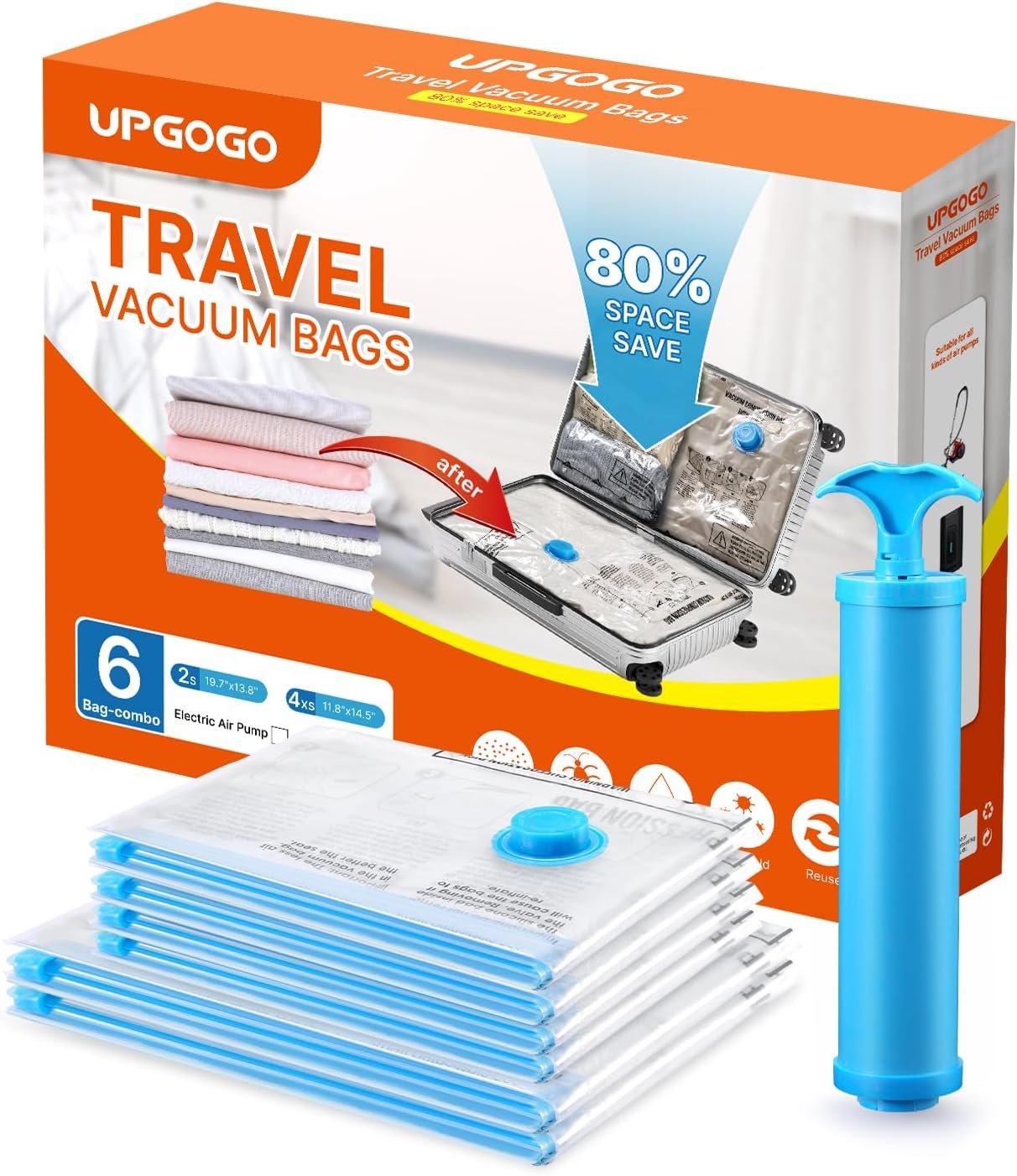 UPGOGO Vacuum Travel Bags Combo 6 Pack – Space Saver Vacuum Storage Bags for Clothing, Blankets, Pillows – Travel Essentials