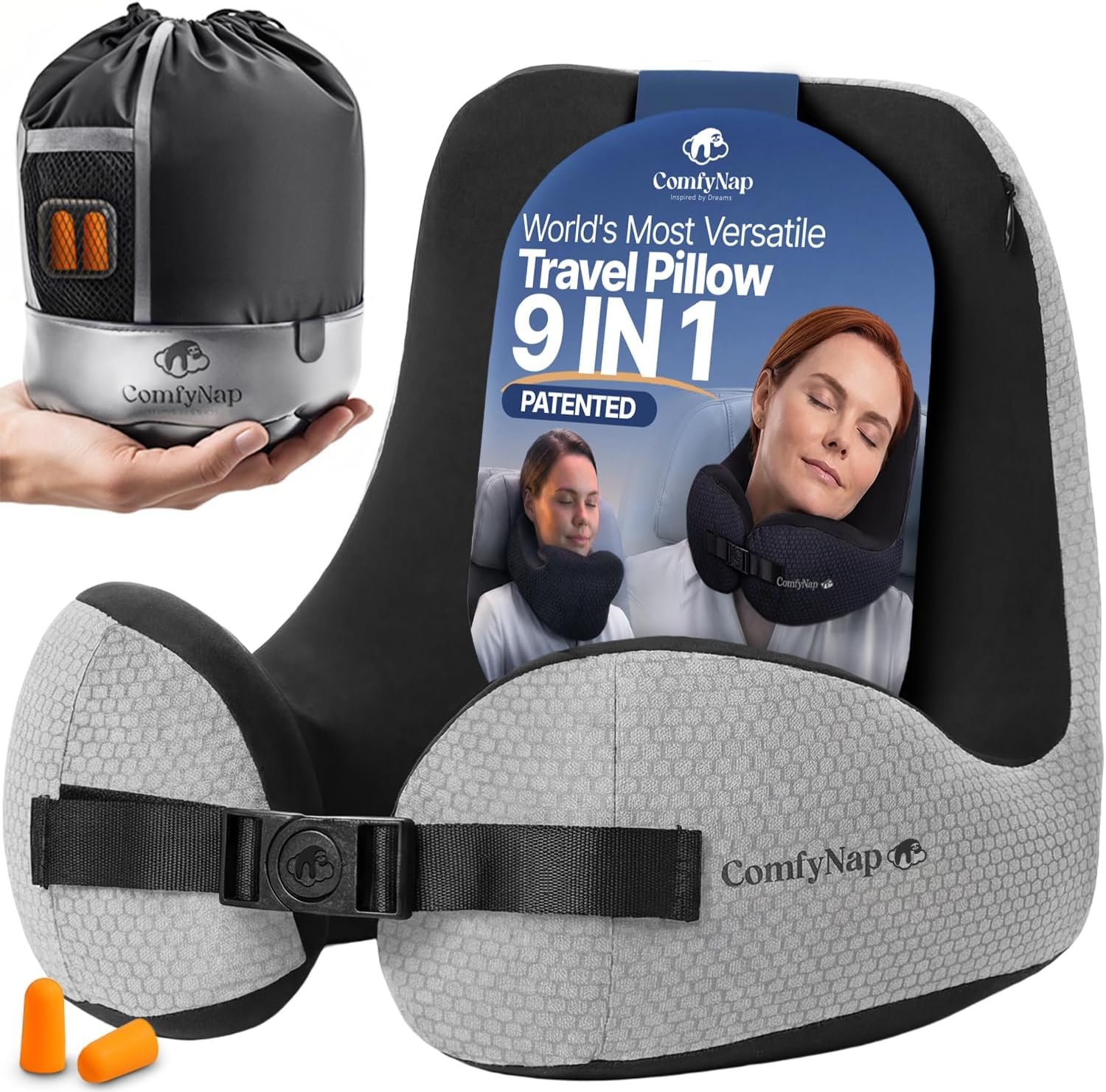 ComfyNap® Versatile Travel Neck Pillow for Airplane [Patented], 9 Positions in 3 Techniques, Plane Pillow with Pure Memory Foam, Travel Pillow with HeadRest Flight Sleep, Travel Essential – Moon