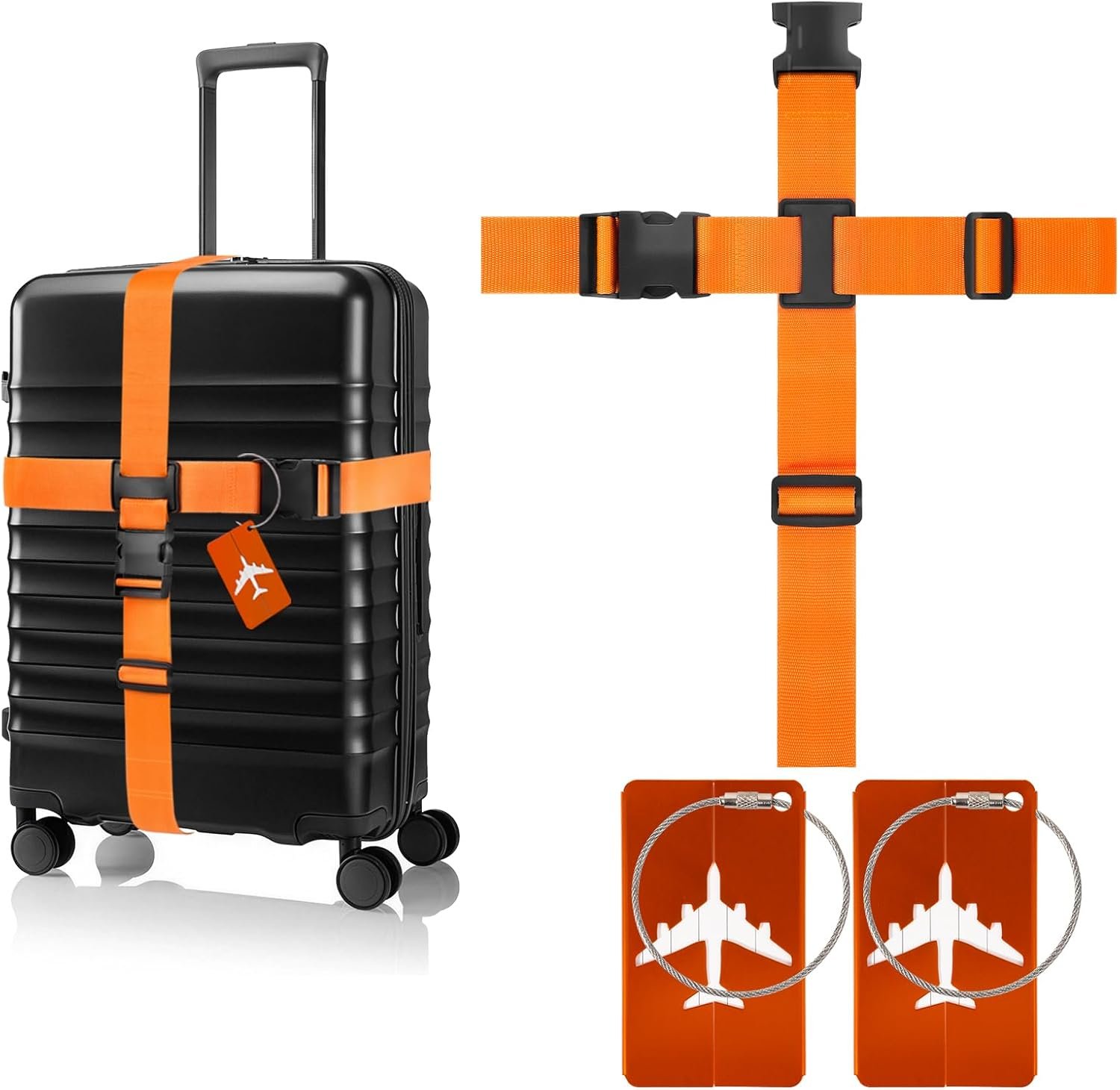 BILIONE Cross Luggage Straps and Luggage Tags Set, Cross Luggage Straps and 2 Tags Set, Heavy Duty Suitcase Belts Adjustable Travel Accessories for 20-32 Inch Luggage (Orange)