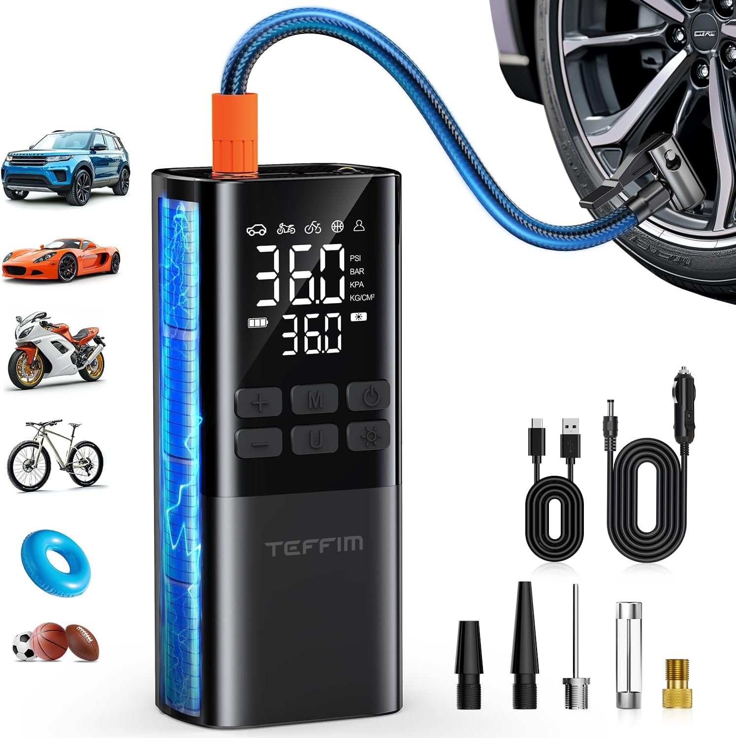 Tire Inflator Portable Air Compressor – Air Pump for Car Tires,Portable for Car with Pressure Gauge,Tire Inflator with LED Light, for Bike,Motorcycle, Balls