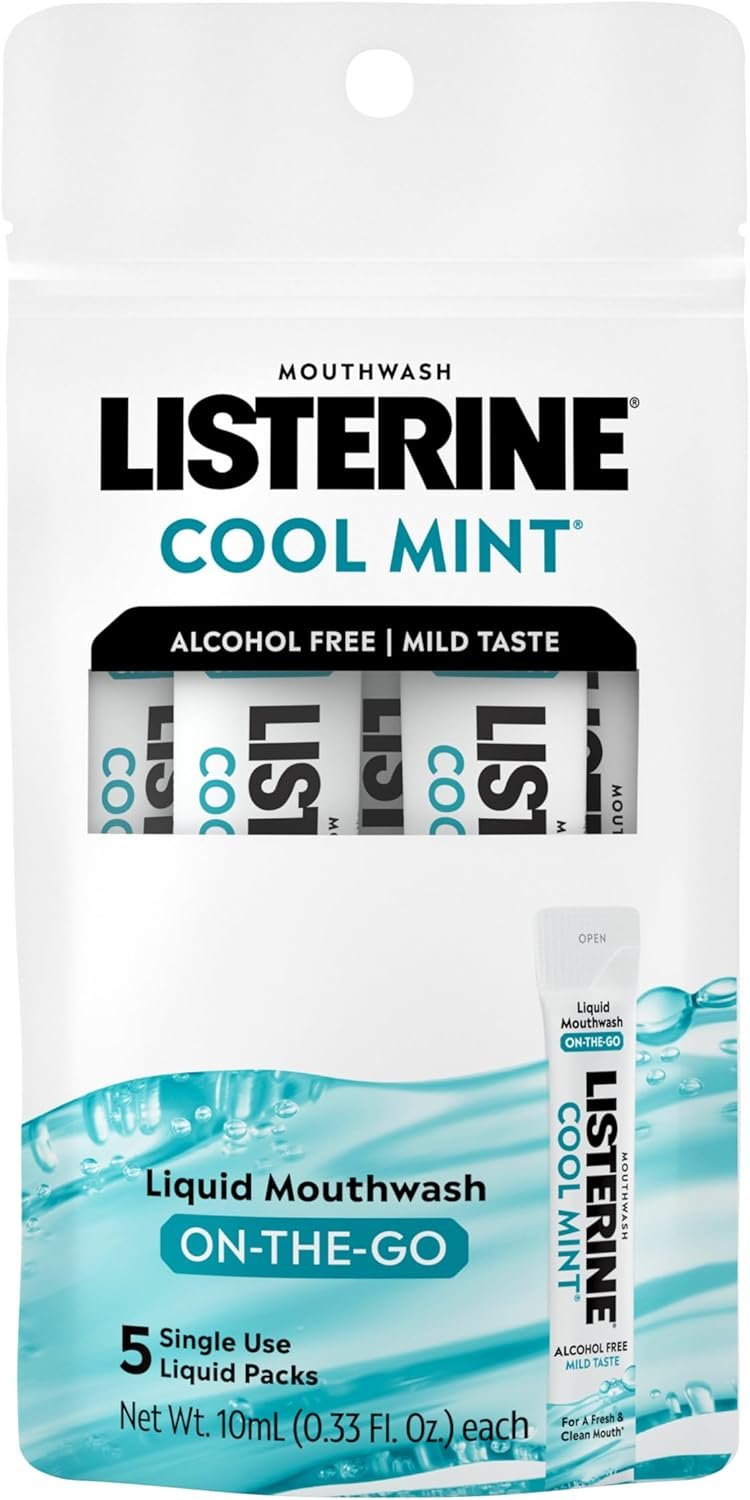 Listerine On-The-Go Cool Mint Alcohol Free Mouthwash Packets, Oral Rinse in Individual Packets Kills Bad Breath Germs, Less Intense Taste, Cool Mint Flavor, Mini Travel Size, 0.33 fl oz. Pack of 5