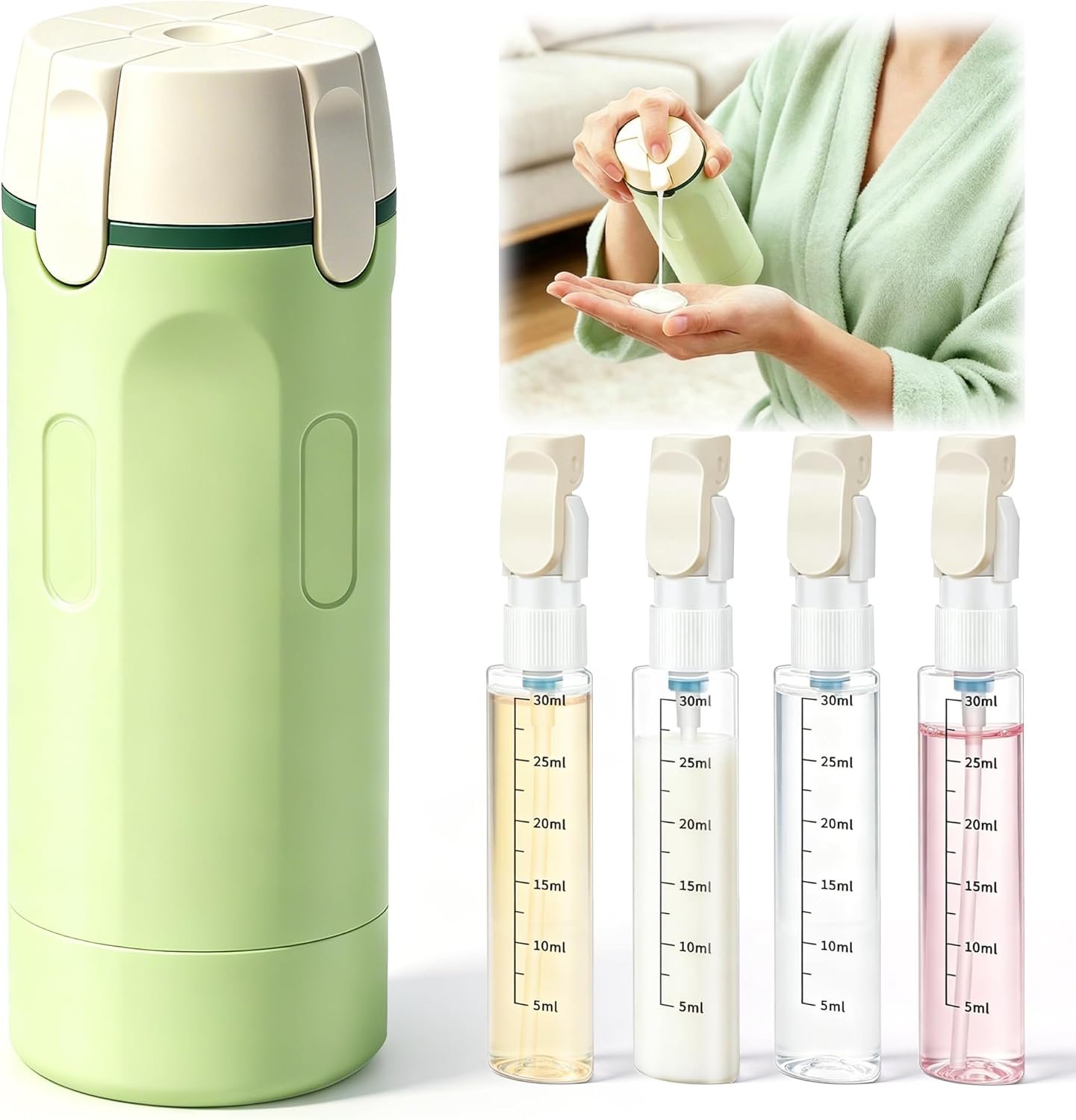 4 in 1 Travel Dispenser Bottle, 4 Pack 30ML Travel Bottles for Toiletries, 4 in 1 Travel Dispenser with Label, Leakproof & TSA Approved Portable Containers for Shampoo Lotion Conditioner Cream