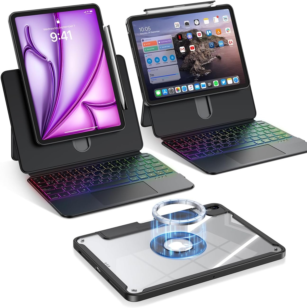 Clear Magnetic Keyboard Case for iPad Air 11″ (M3/M2)& Pro 11″ 4th 3rd 2nd 1st Gen, 7-Color Backlit, Multi-Touch Trackpad, Detachable 360 Rotation & Up-Down Lift Protective Case w/Stand, Black