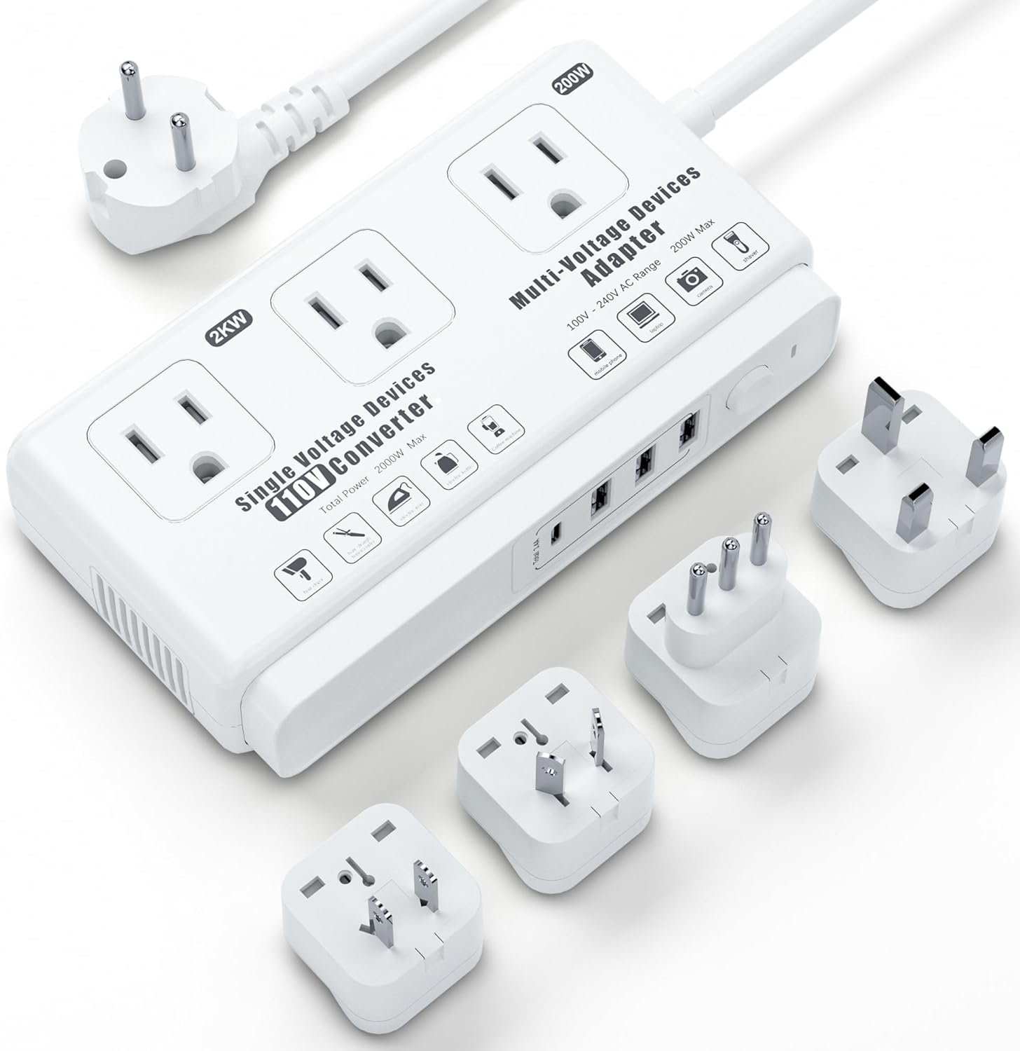 220v to 110v Travel Voltage Converter: International Universal Voltage Converter US to Europe Power Strip Plug Transformer – 2000W Electric Hair Dryer Step Down Outlet Converters for European UK EU