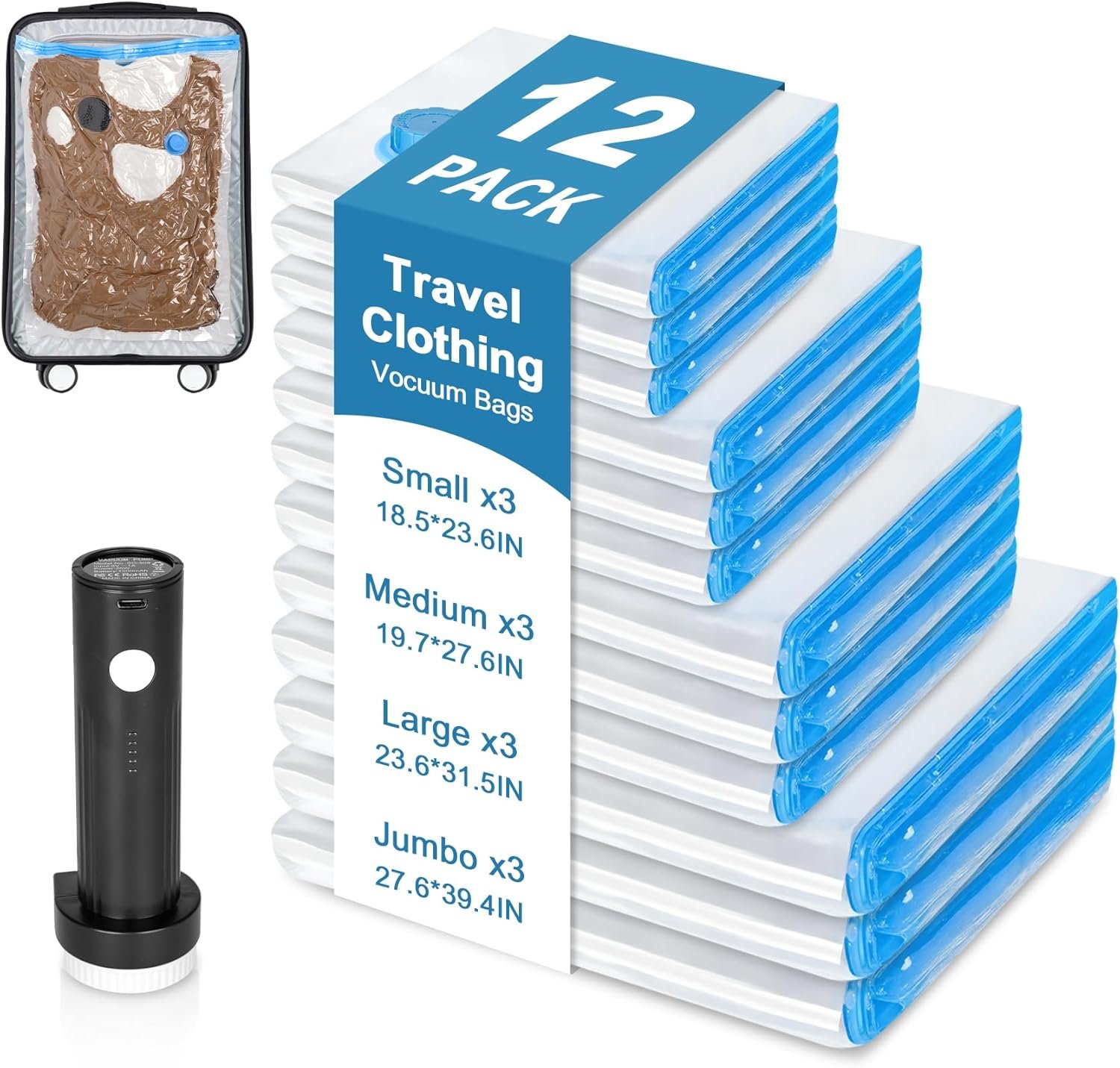 12 Pack Vacuum Seal Bags for Clothing Travel with Rechargeable Air Pump, 4 Carry-on Size Space Saver Vacuum Storage Bags, Compression Packing Bags for Luggage Suitcase and Travel Organization
