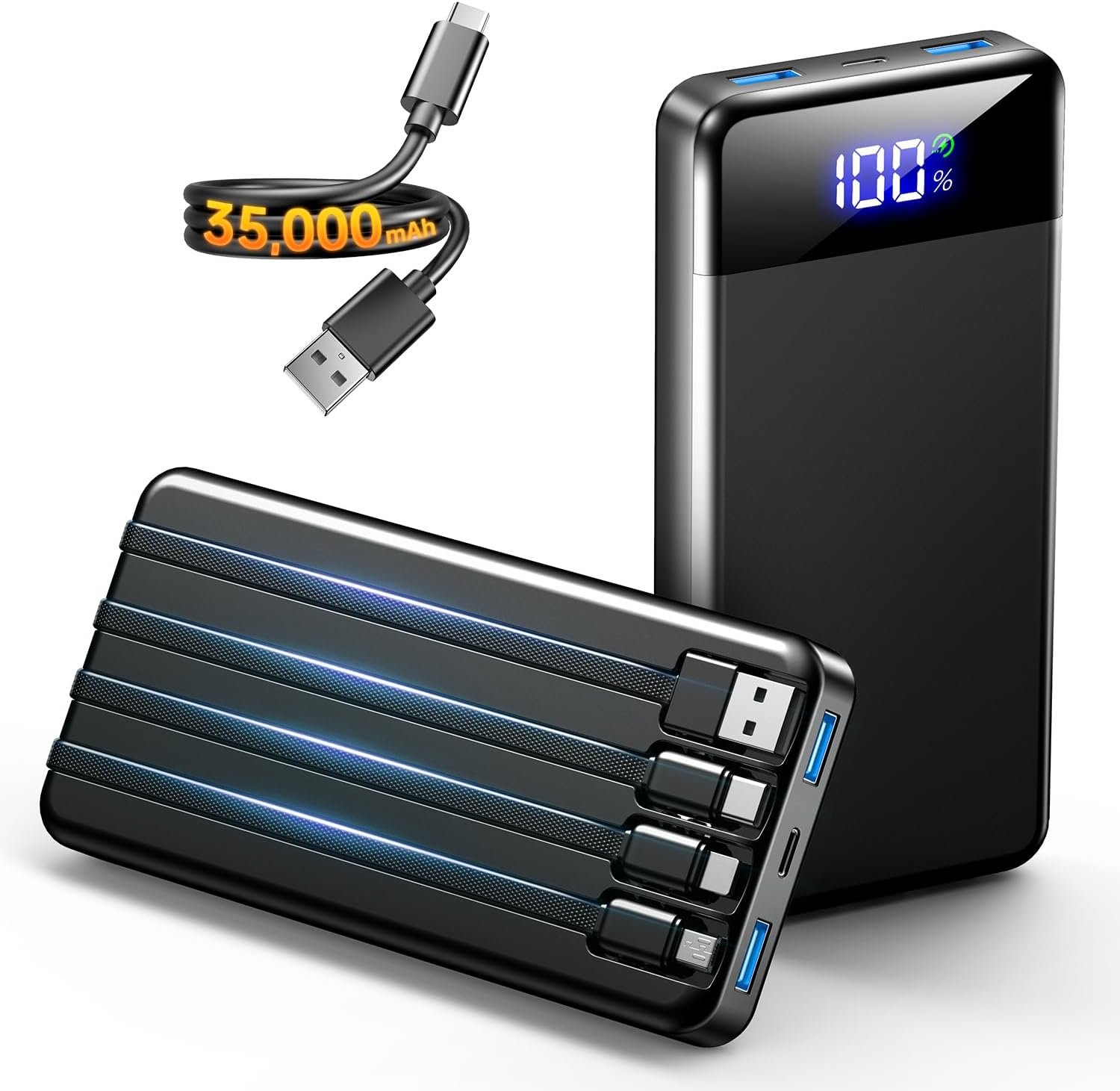 Portable Charger 35000mAh Power Bank – Powerbank with 4 Built in Cables, 22.5W Fast Charging Travel Camping Essential Battery Pack Compatible with iPhone 17 16 15 14 13 Samsung Google, 1 Pack
