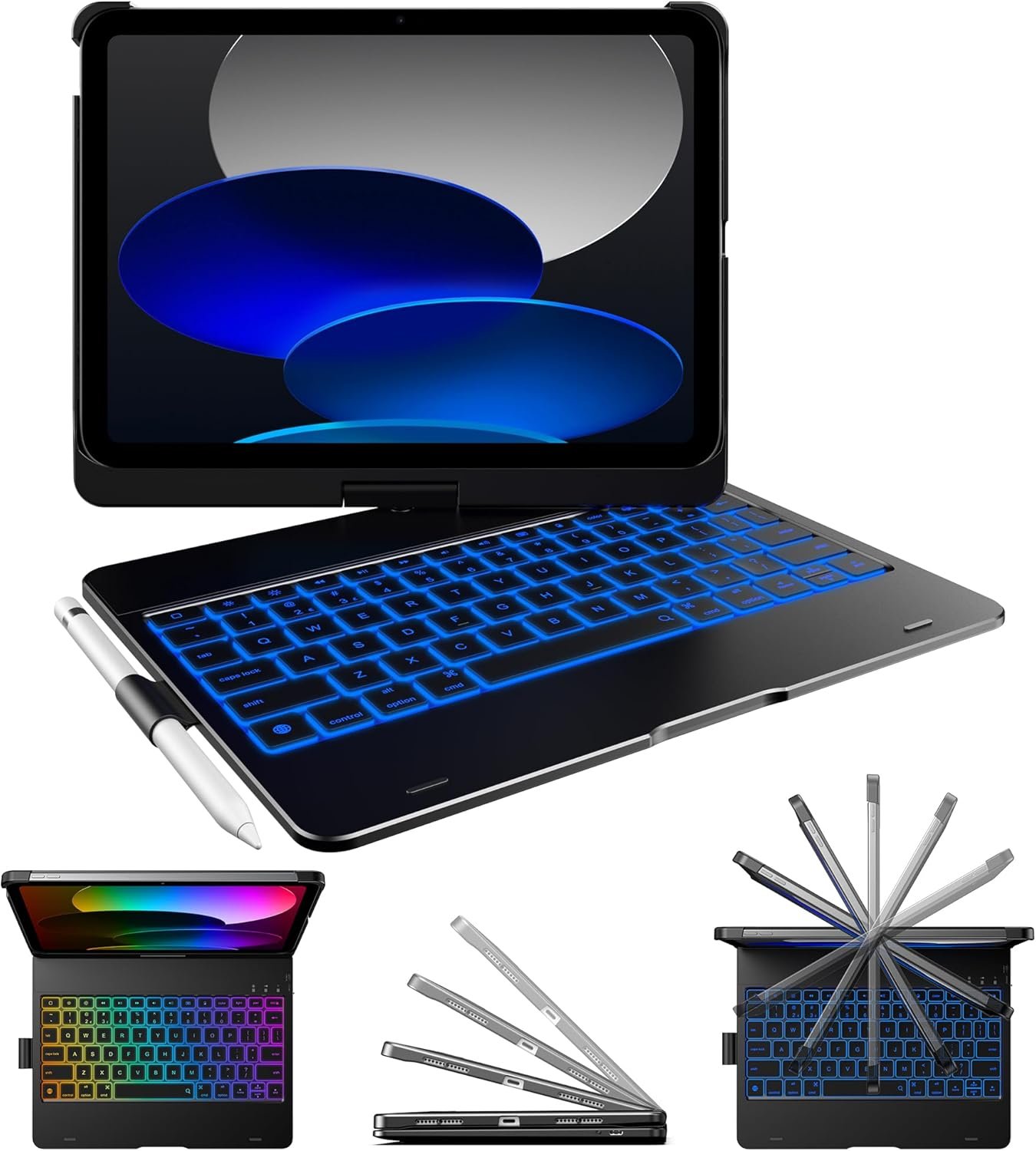 typecase Flexbook Keyboard Case for iPad 11th (A16, 2025) and iPad 10th Gen (10.9″, 2022) – No Trackpad, 11-Color Backlight, 360° Rotatable, 7 Use Modes, Thin & Lightweight – Black