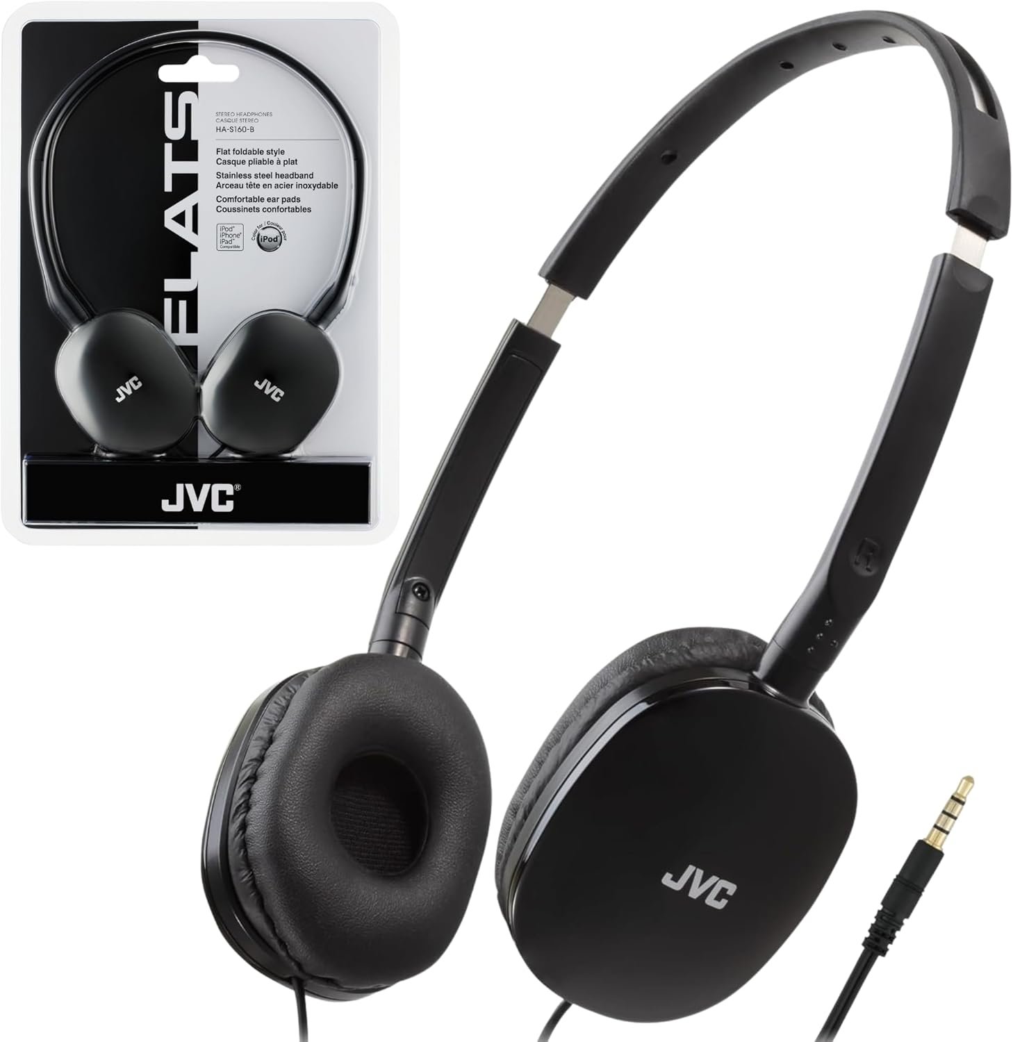 JVC Flats On-Ear Wired Headphones – Flat Foldable Design – 30mm Driver for Powerful Sound – Soft Ear-Pads for Comfort – Steel Headband – Lightweight & Portable – PC/Laptop/Gaming – 3.5mm Slim Plug