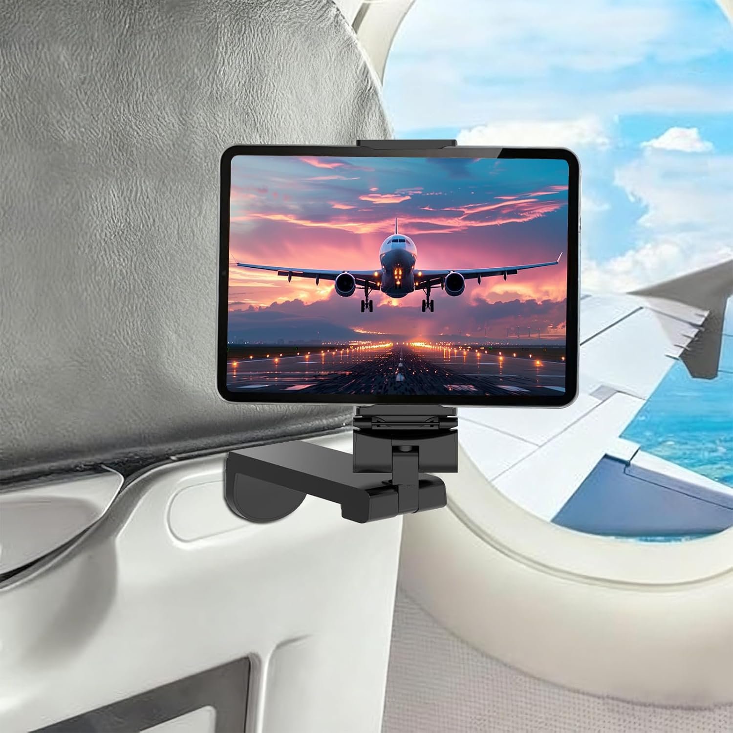 Airplane Tablet Holder Mount, 360 Degree Rotating Hands-Free Travel Stand, Max 7.6” Adjustable Clamp Opening, Compatible with iPad/Galaxy Tab (Not for iPad 12.9”/13”)