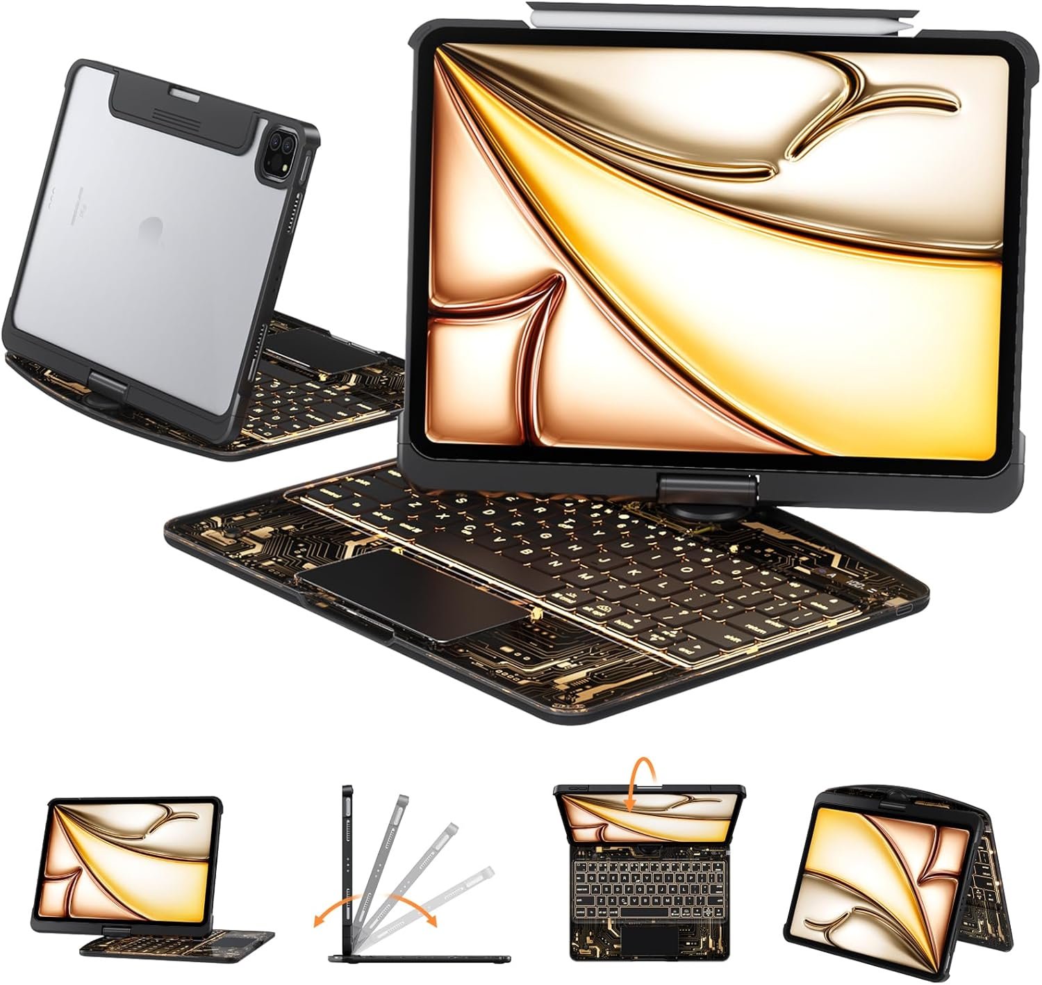 Transparent Case with Keyboard for iPad Air 13 Inch (M4/M3/M2, 2026/2025/2024), iPad Pro 12.9 Inch (6/5/4/3 Gen),7-Color Backlit,Magic wireless Keyboard, 360°Rotating,with trackpad,Pencil Holder,black