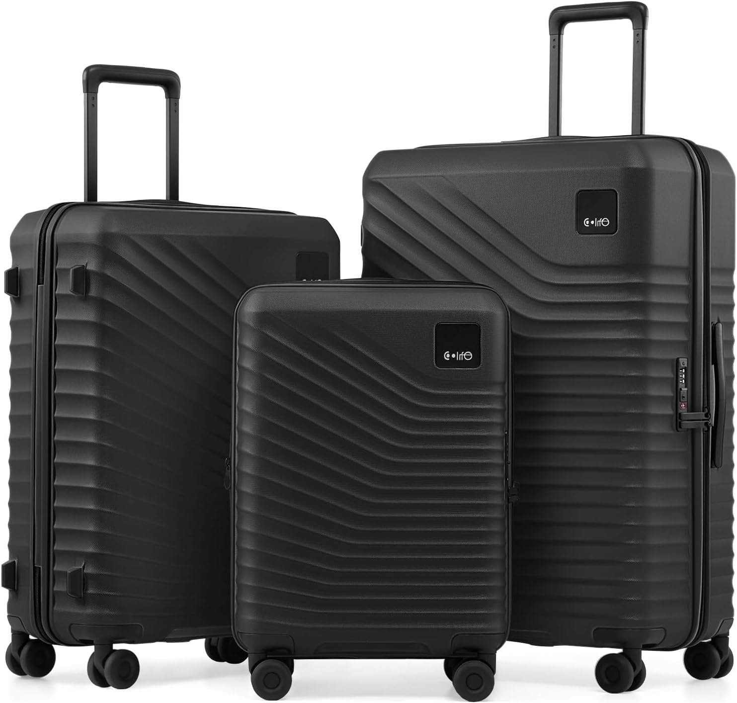 Coolife Luggage 3 Piece Set Hardside Lightweight Suitcases: Upgraded Durable PC Travel Luggage with Dual Spinner Wheels & TSA Lock, 20/24/28 (20” Expandable Only), Black