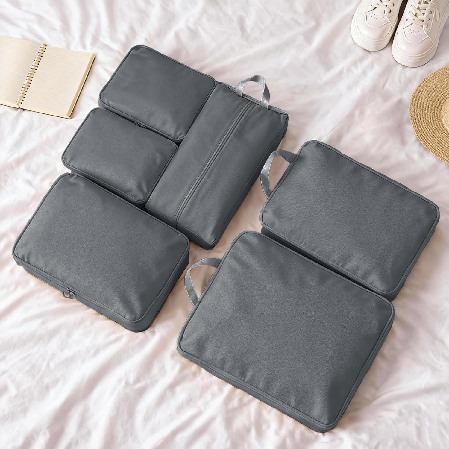 6 Set Compression Packing Cubes for Travel, Durable Space Saver Bags Travel Essentials, Lightweight Luggage Organizer Bags, Grey