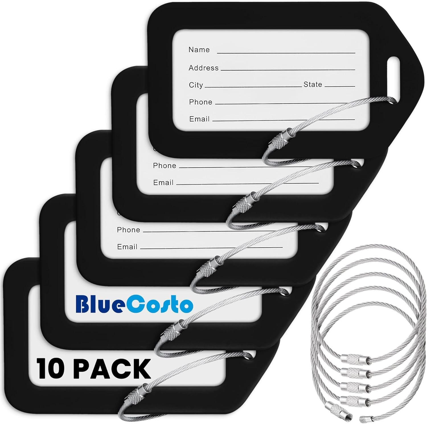 BlueCosto – Luggage Tags – Black, 10 Pack – Suitcase Tags with Name ID Card & Heavy-Duty Metal Wire Loops – Bright Colored PVC Identifiers for Travel Baggage – Backpack Name Labels